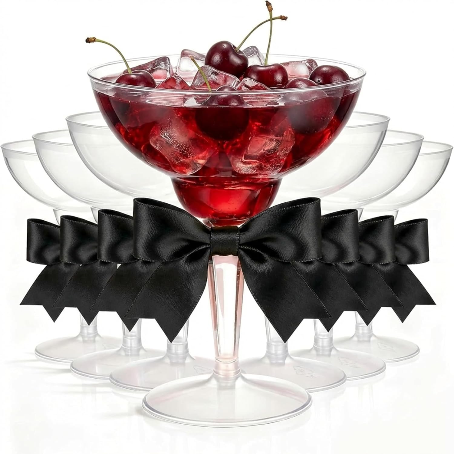 LemonRoad 36 Sets Clear Plastic Martini Glasses with Black Bows, 12oz Champagne Tower Disposable Plastic Margarita Cocktail Cups for Wine, Martini, Wedding Champagne, Bachelorette Party Supplies
