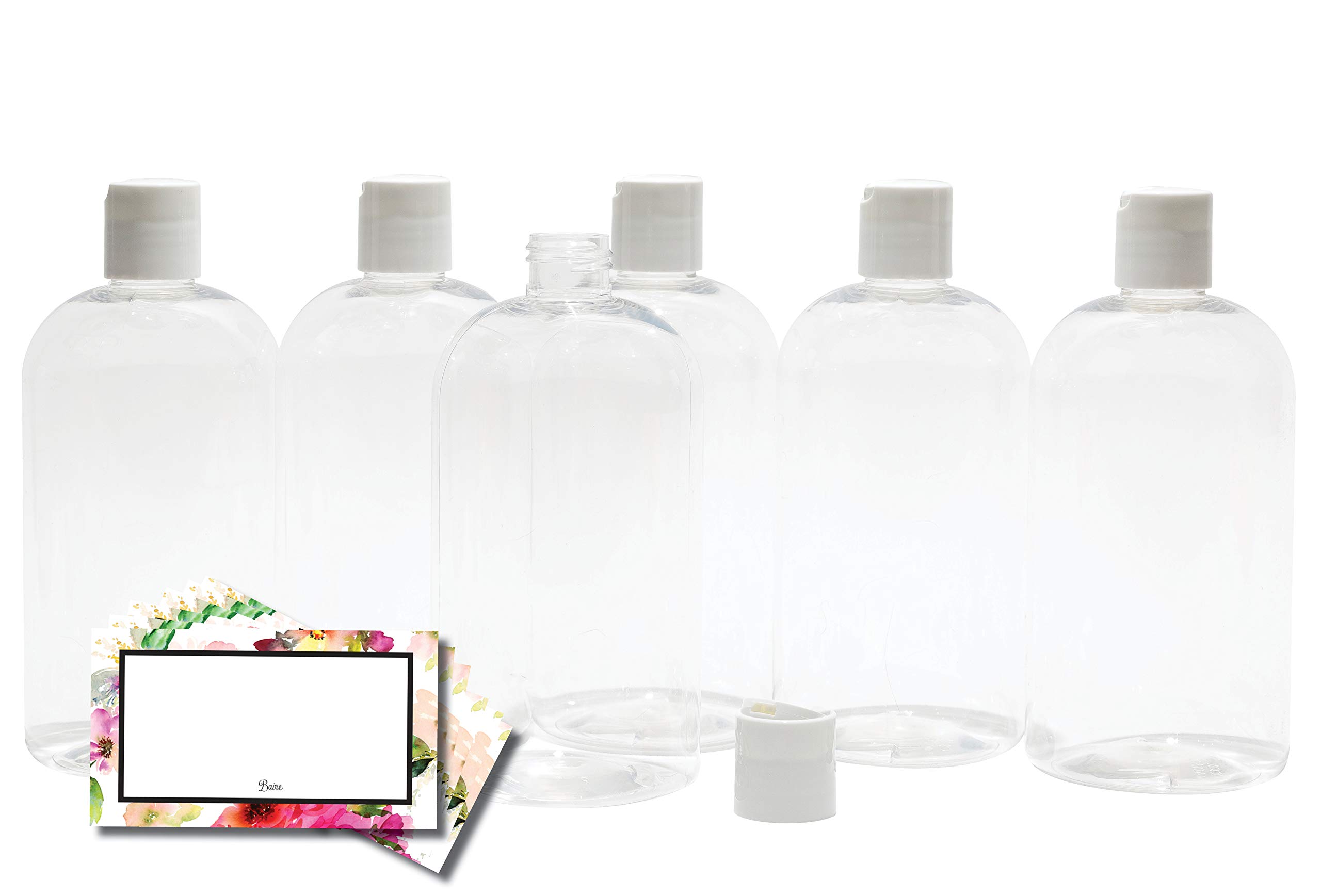 Baire Bottles8 OZ CLEAR PLASTIC REFILLABLE BOTTLES with WHITE HAND-PRESS FLIP DISC CAPS - ORGANIZE Soap, Shampoo, Lotion with a Clean, Clear Look - PET, BPA Free - 6 Pack, BONUS 6 FLORAL LABELS