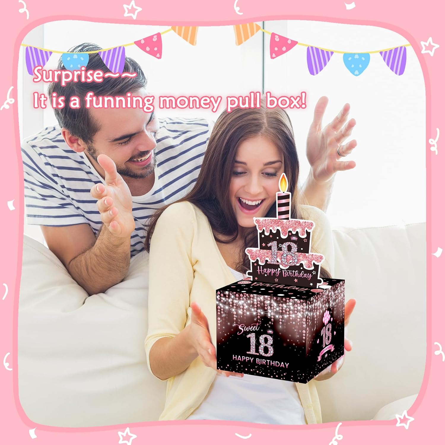 Sweet 18th Birthday Money Box for Cash Gift, Surprise Pull Out Money Gift Box with 50Pcs Transparent Bags - Fun Ways to Give Cash as A 18th Birthday Gift for Girls image 3