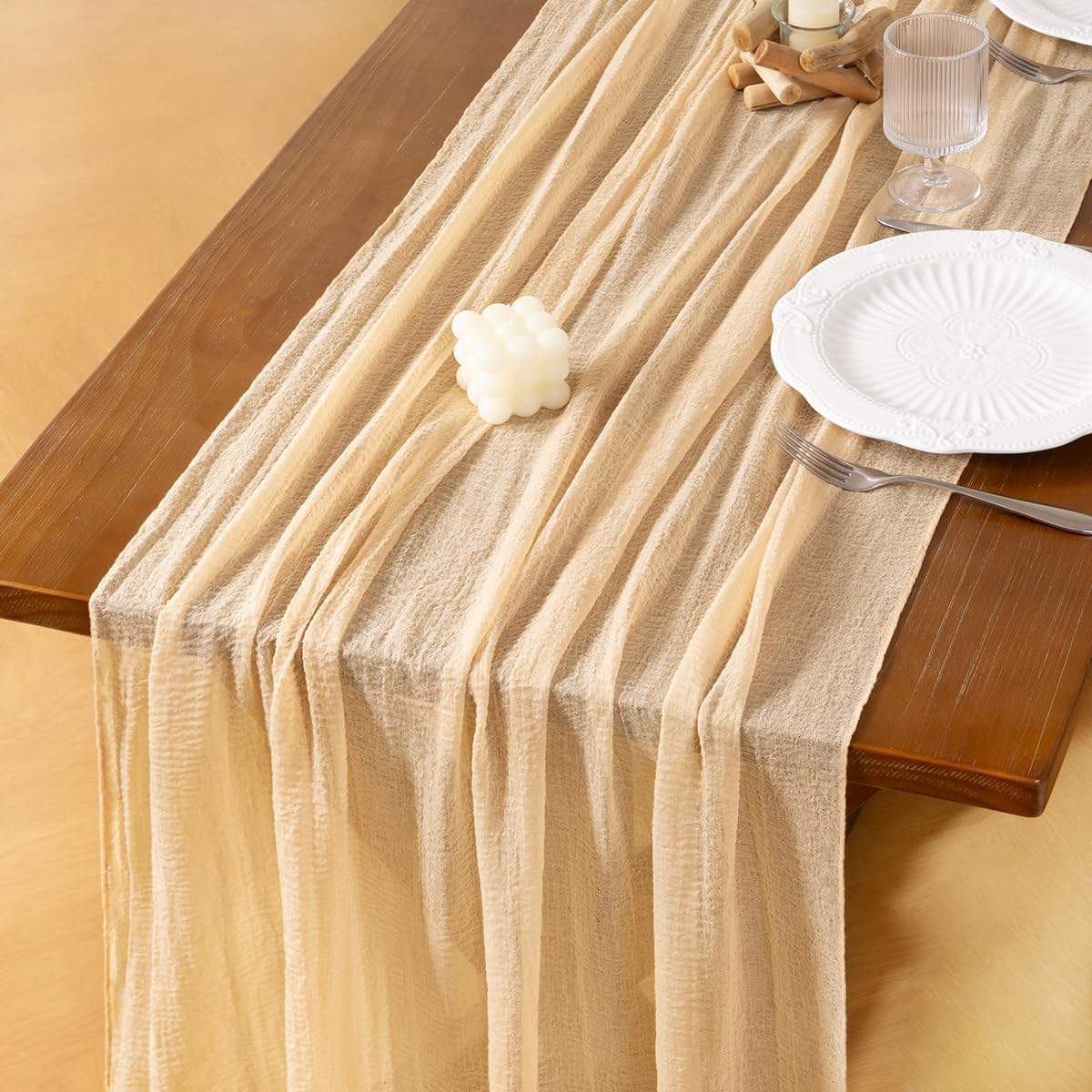 Socomi 6pcs Beige Cheesecloth Table Runner Fall Thanksgiving Gauze 120 Inch Rustic Boho Cheese Cloth Runner for Wedding Party Baby Bridal Shower Centerpiece Decoration Holiday Home Decorations