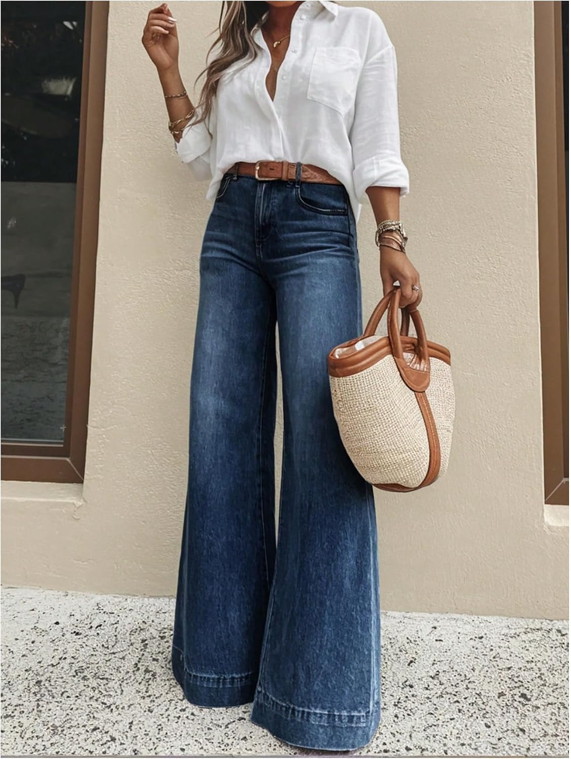 WDIRARA Women's Wide Leg Jeans High Waisted Stretchy Baggy Denim Pants