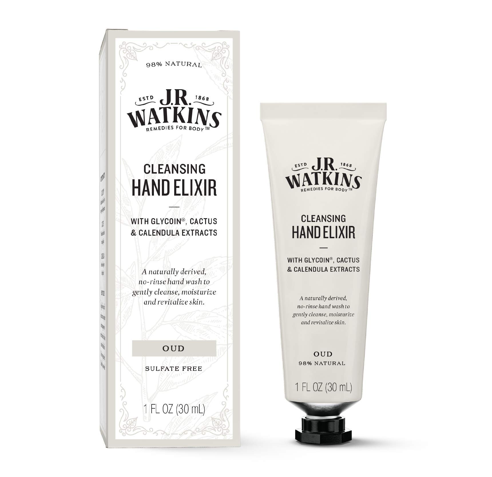 J.R. Watkins Oud Hand Elixir, No Rinse Waterless Cleansing Hand Wash, Convenient 1 oz