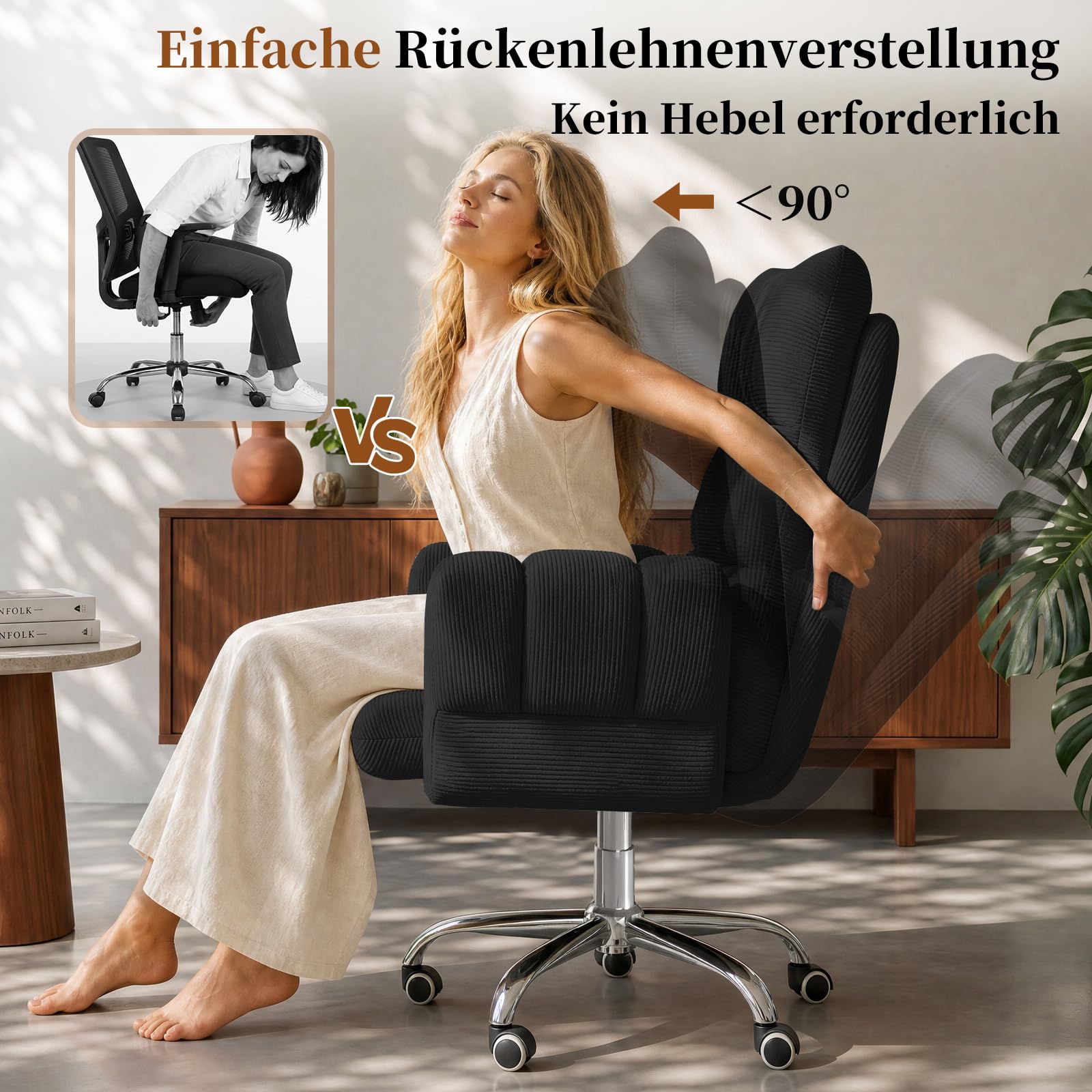 HOMRELEXA Bürostuhl, Schreibtischstuhl mit Fußstütze, klappbaren Armlehnen, 90°–135° Verstellbarer Rückenlehne, extra breiter 60-cm-Sitzfläche für Schneidersitz, ergonomischer Gamingstuhl, Schwarz | Klappbaren Armlehnen, Ausziehbarer Fußstütze, 90°–135° V