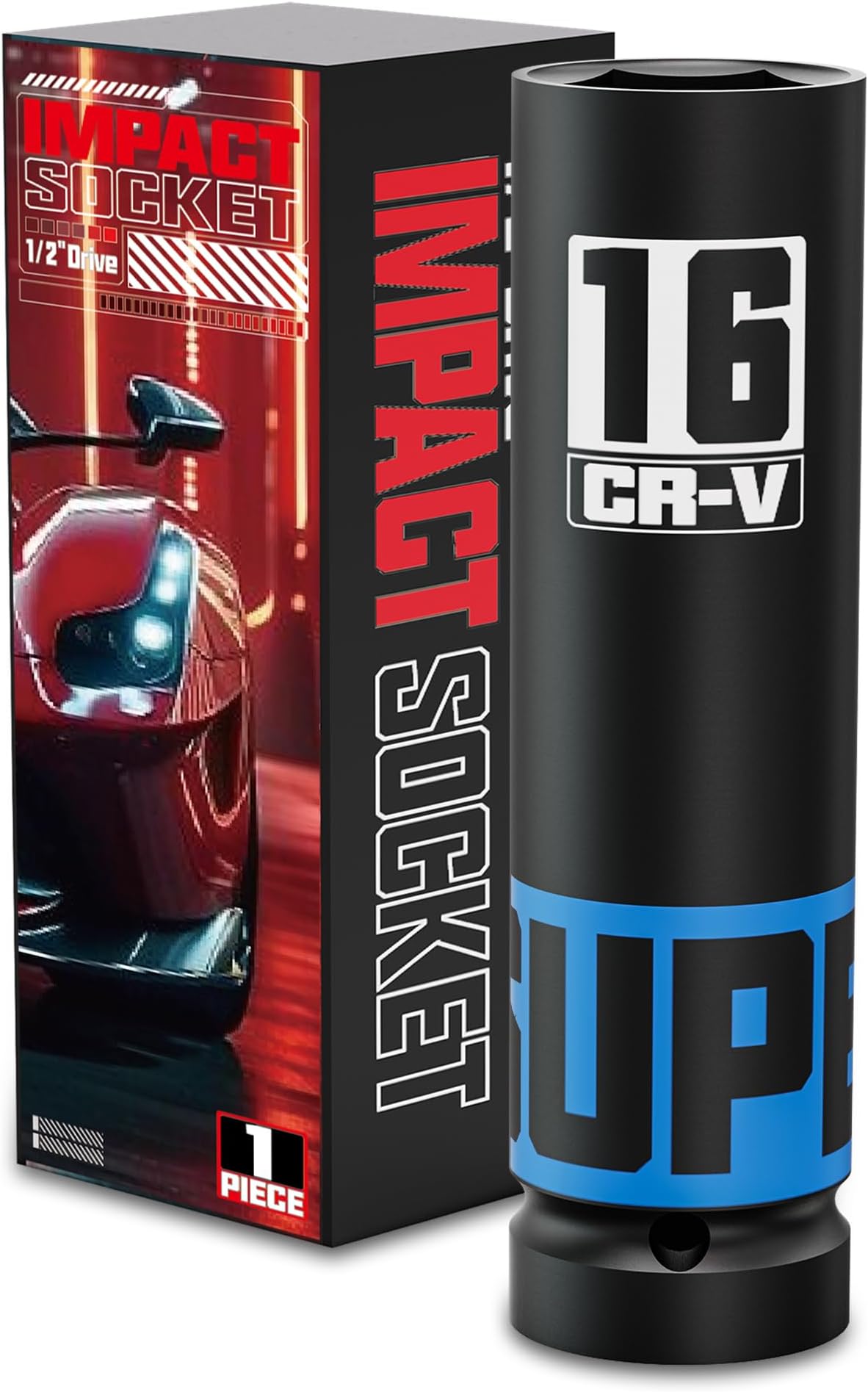 1/2" Drive Impact Socket, 16mm Deep Socket, Metric, 6 Point, CR-V, Perfect for Home, Mechanic and Repair Project