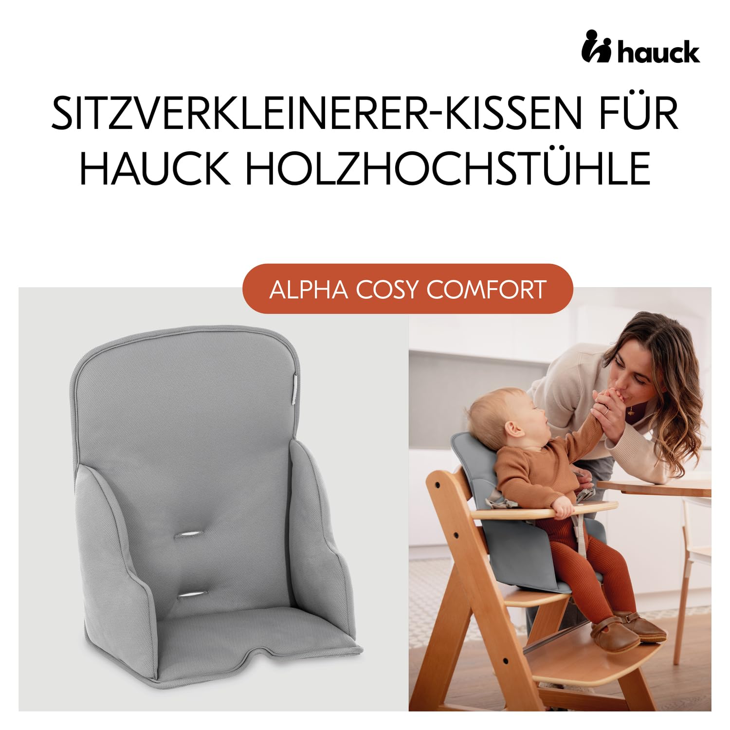 hauck Hochstuhl Sitzauflage für Alpha+, Beta+ & Arketa, Grey | 6-24 Monate Sitzverkleinerer Kissen für hauck Hochstühle mit weicher Rückenlehne und stabilisierten Seiten