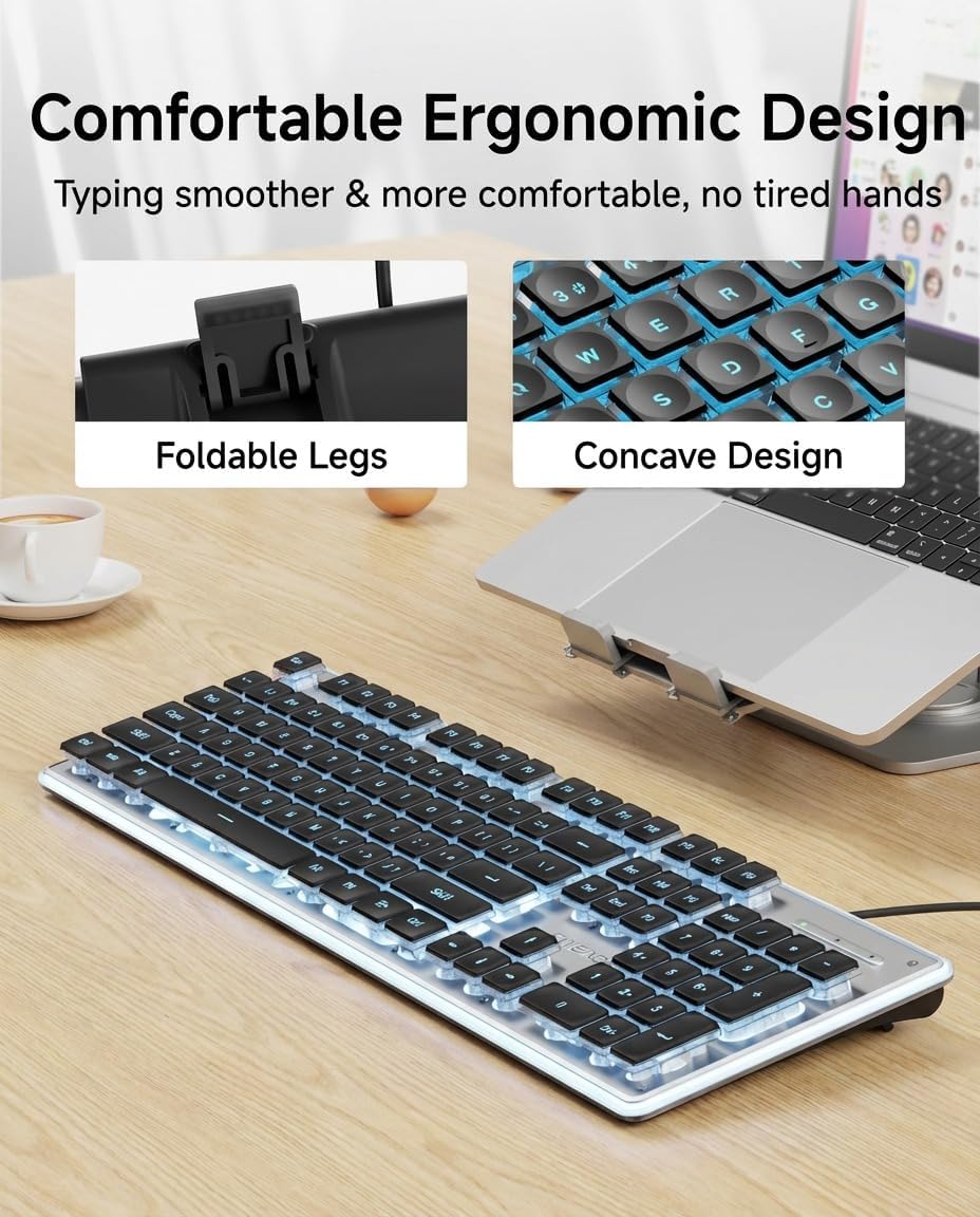 SEUNKWANG EWEADN GX710S Backlit Computer Keyboards, Wired USB Keyboard with Blue Backlit, Metal Panel, Plug and Play, Pudding Keycaps Full Size Quiet Computer Keyboard for Win/PC/Laptop-Black