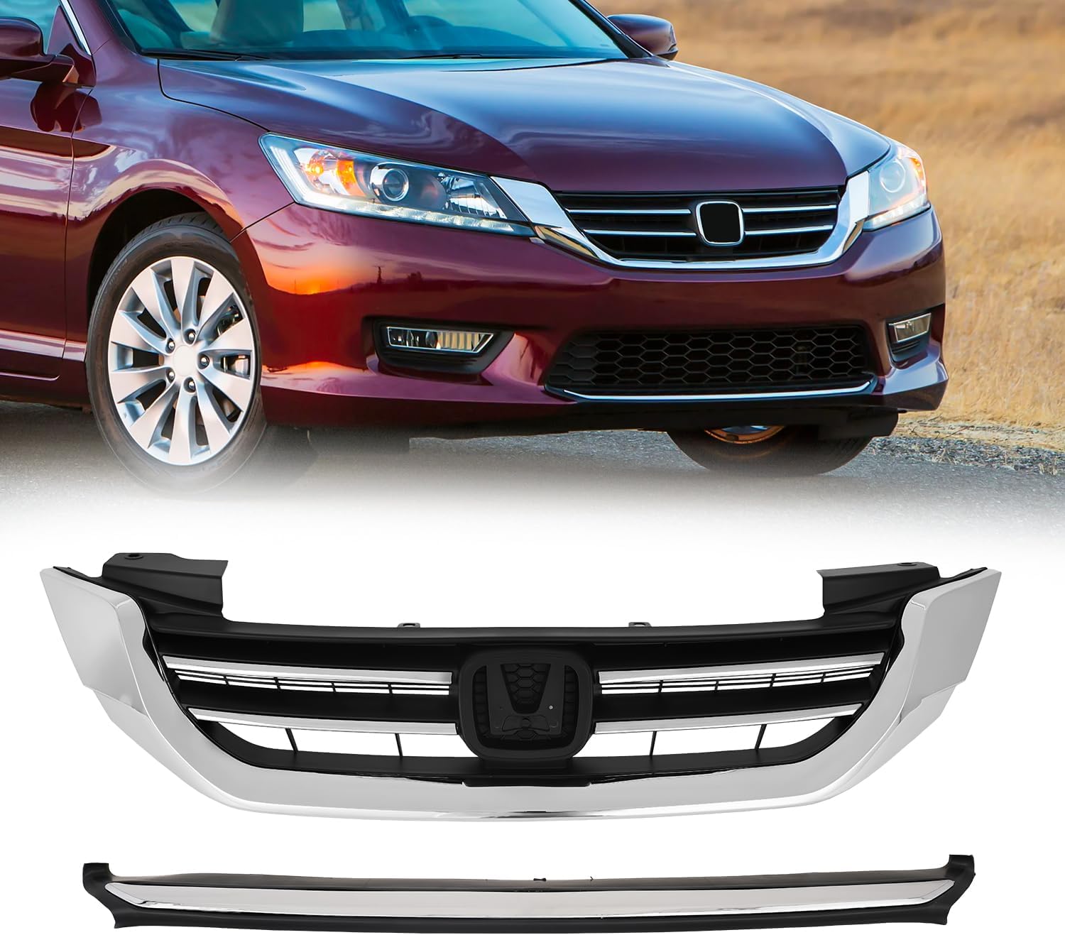 KARPAL Front Bumper Upper Grille Compatible with 2013-2015 Honda Accord W/Trim 4Door, Replacement for 71121T2FA01 71150T2FA00