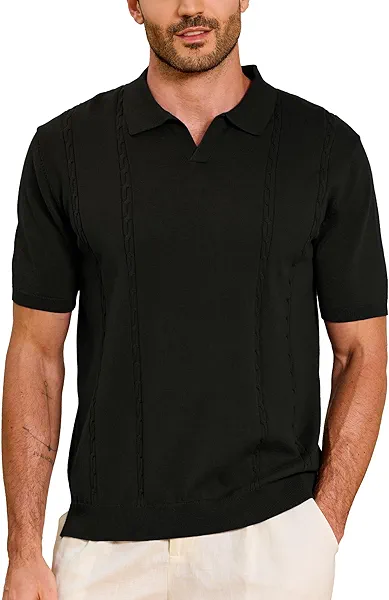 Kallspin Mens Cotton Polo Shirt Short Sleeve V Neck Cable Textured Knit Pullover Top Soft Casual Summer Golf Beach Wear