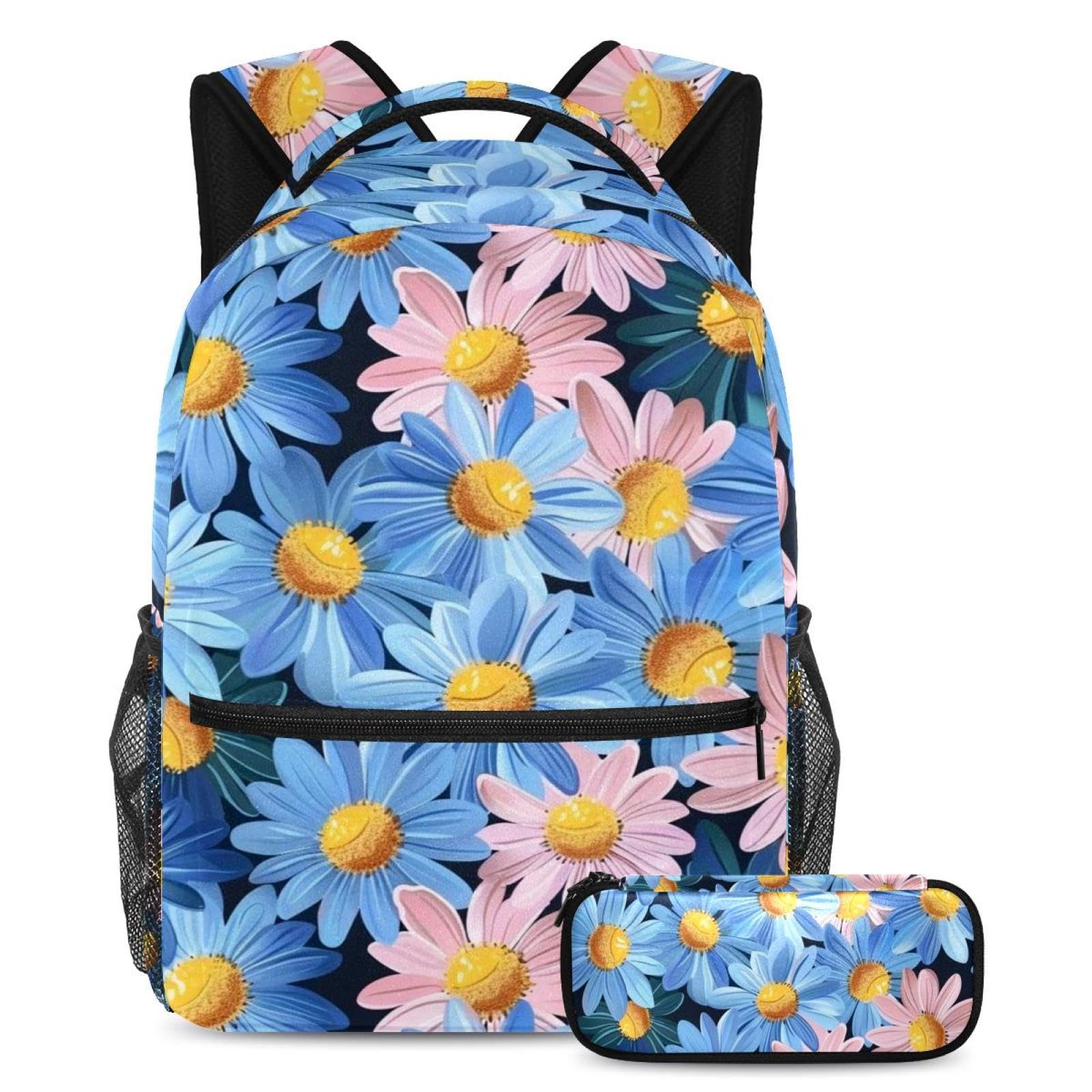 Sac à dos marguerite bleue à double compartiment avec trousse assortie