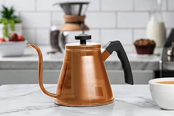 Kook Gooseneck Kettle, Kettle Stovetop, with Thermometer, Tea Pot, for Pour Over Coffee & Tea, Temperature Gauge, Electric, Compatible for Gas Stovetop, 3 Ply Stainless Steel Base, 27 oz, (Copper)