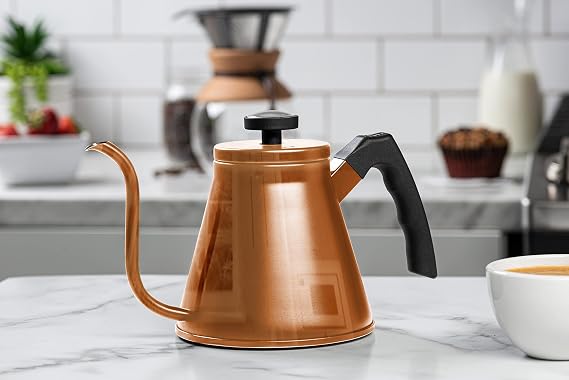 Kook Gooseneck Kettle, Kettle Stovetop, with Thermometer, Tea Pot, for Pour Over Coffee & Tea, Temperature Gauge, Electric, Compatible for Gas Stovetop, 3 Ply Stainless Steel Base, 27 oz, (Copper)
