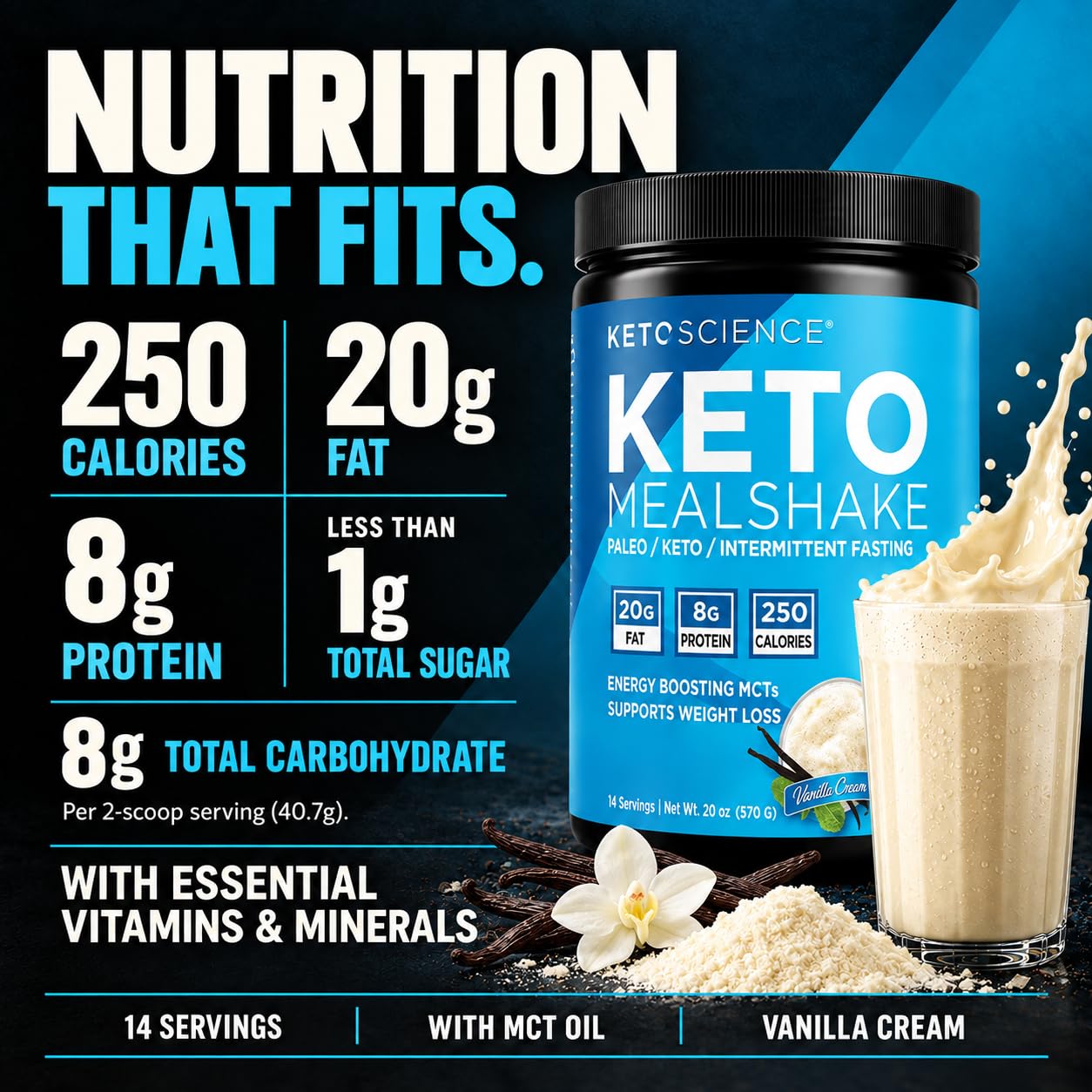 Keto Science Ketogenic Meal Shake Vanilla Dietary Supplement, Keto Protein, Rich in MCTs and Protein, Packed with Collagen, Vitamins and Minerals, Keto and Paleo Friendly, Weight Loss, (14 servings), 20.83Oz — Amazon image 5