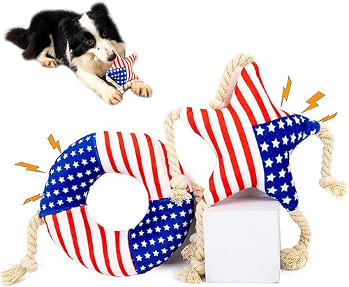 Mr.baby Juguetes chirriantes para perros, donas y estrellas, juguete de fiesta de felpa con bandera estadounidense para perros, juguetes de peluche