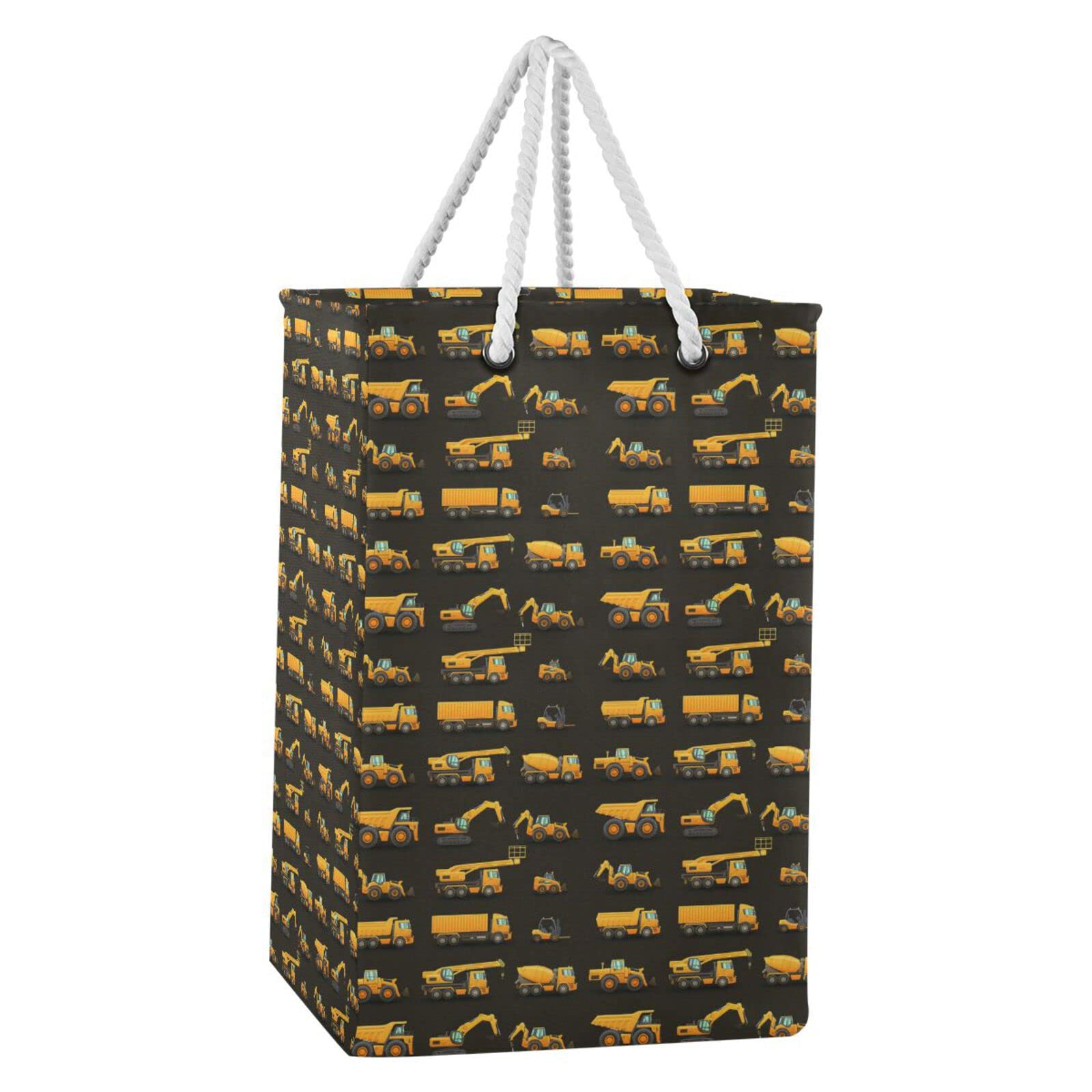 Seamless Yellow Construction Machinery Trucks, Crane, Loader on Dark Collapsible Waterproof Laundry Hamper, Lightweight Washing Basket Bin Storage Organizer Bucket with Handles for Toys Clothes