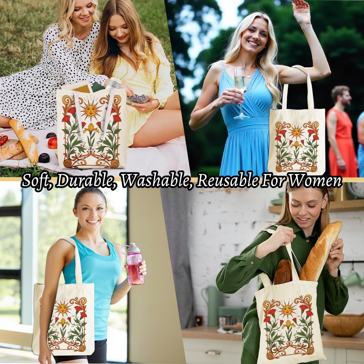 Aesthetic Boho Flower Sun Hippie Cosmetic Bags for Women Girls Sister Birthday Christmas Graduation Canvas Tote Bag Makeup Bag, Reusable Grocery Bags with Inner Pocket for Shopping Travel Accessories - Image 6