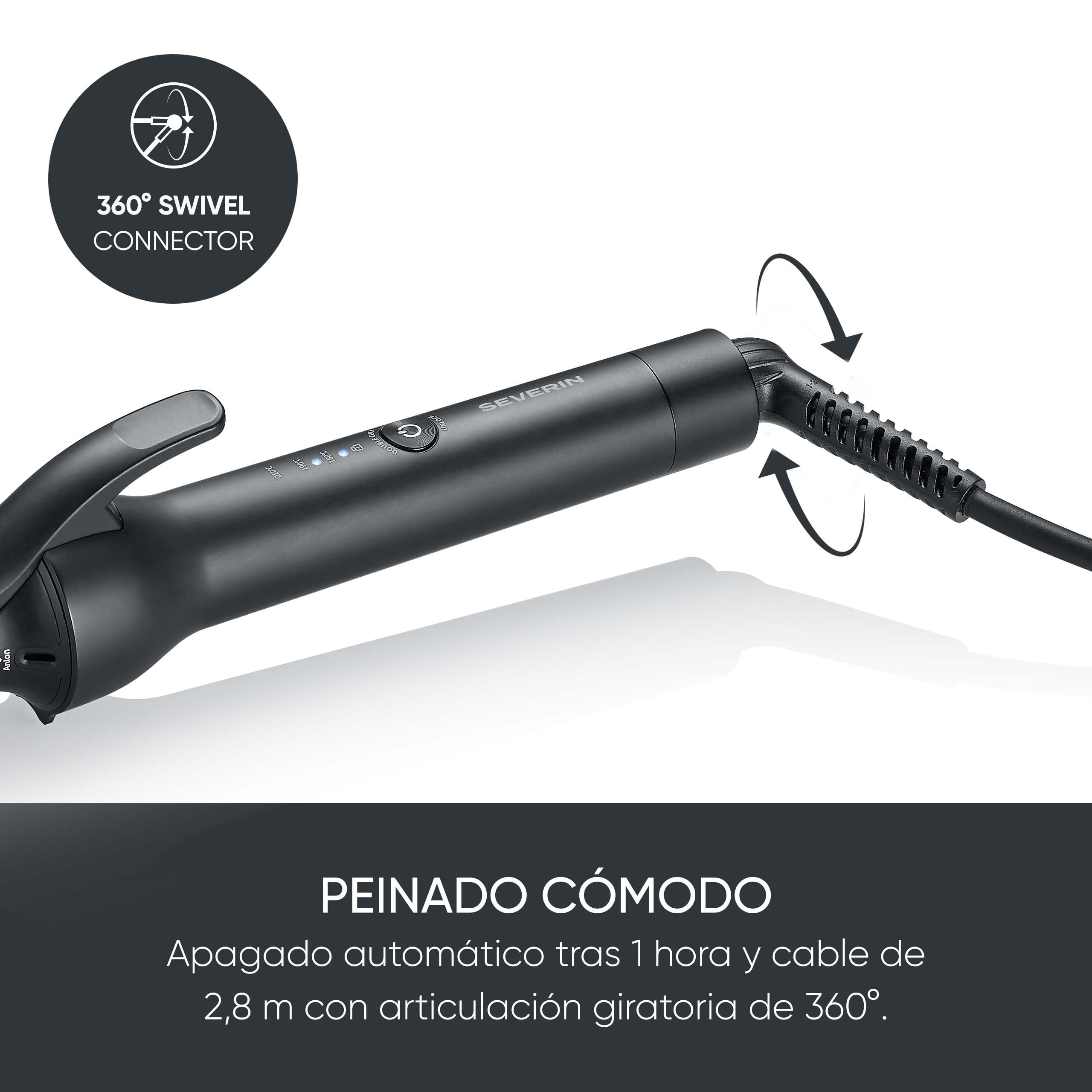 Severin rizador de pelo, 25 mm, revestimiento cerámico, 3 ajustes de temperatura (160-190 - 210 °C), cabello fino a grueso, ondas naturales, tecnología iónica, calentamiento rápido, negro, LS 0822