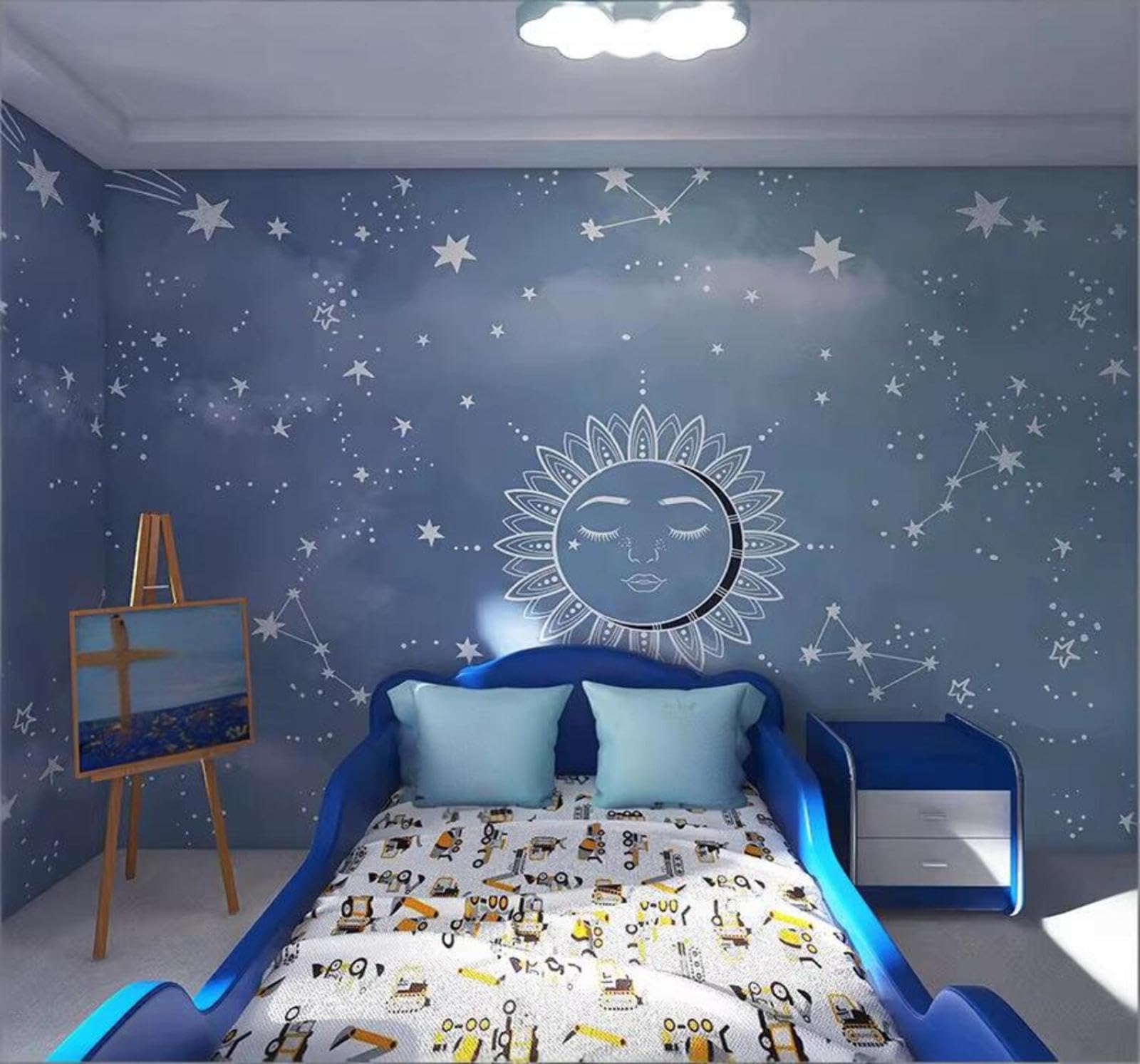 Creative Hand Drawn Blue Universe Starry Sky 3D Wallpaper Easy Install Feature Office Living Room Sofa Bedroom TV Background Wall Decoration-400cm×280cm