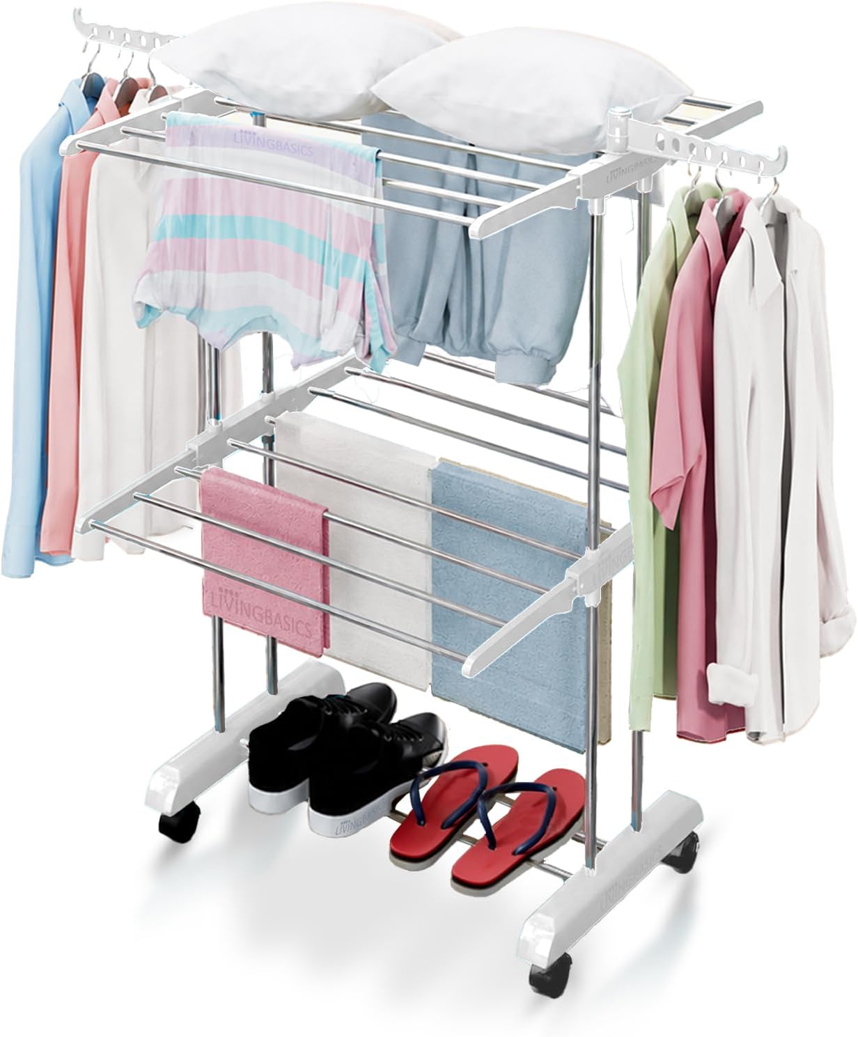 LIVINGBASICS 2 Layer Finest Clothes Stand for Drying Foldable Clothes/Cloth Drying Stand for Balcony/Stainless Steel Hanging Dress Dryer Rack (Snow White, 64 x 74 x 120 cm)