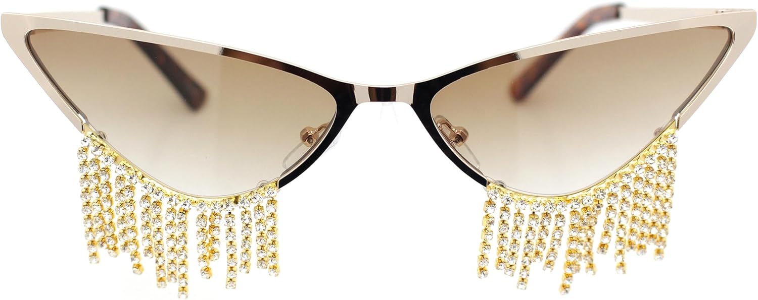 SA106 Womens Luxury Rhinstone Tassel Diva Metal Rim Cat Eye Sunglasses