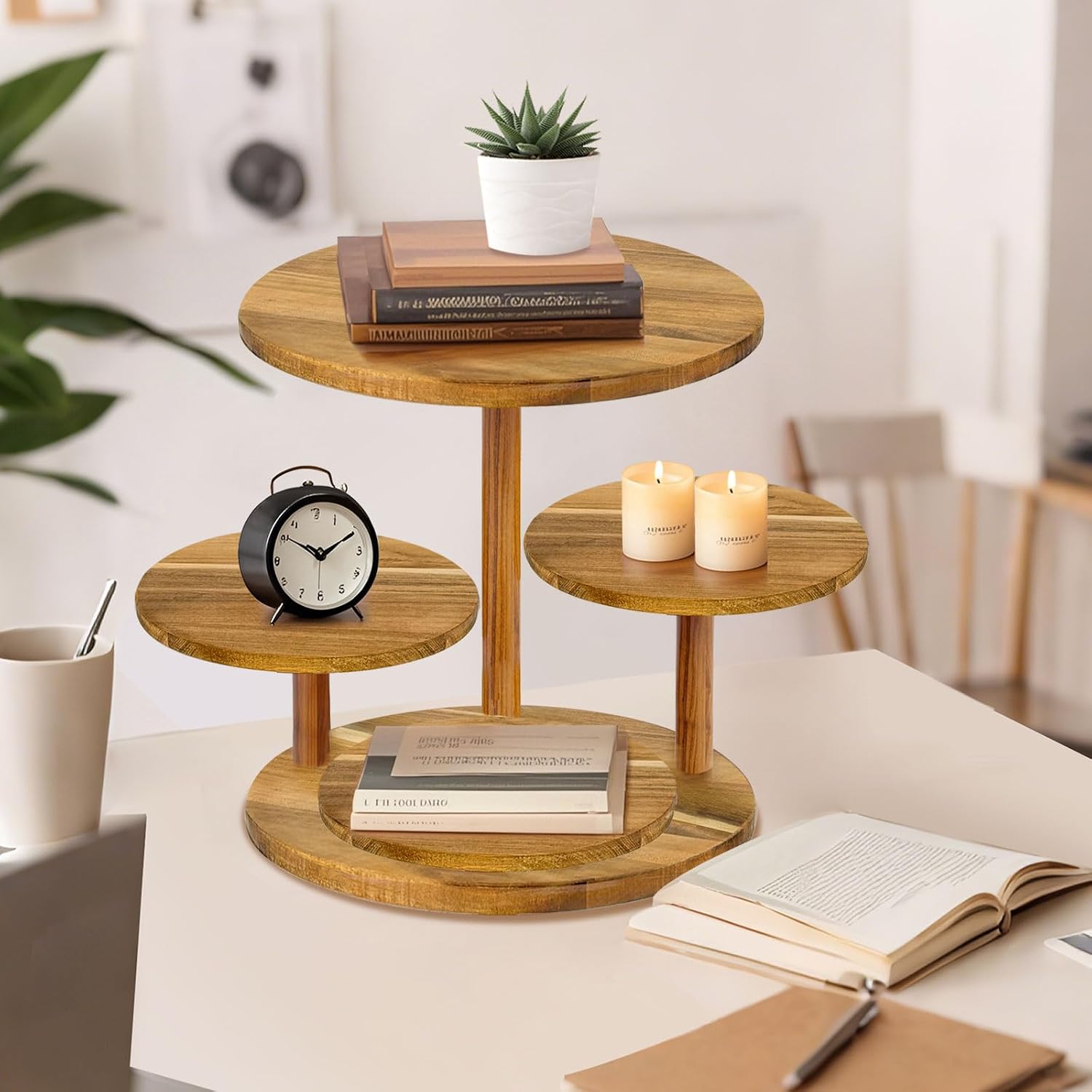 HZE 4 Tier Cupcake Stand, Farmhouse Wood Cake Stand with Tiered Tray Decor, Round Cupcake Display Stand for 50 Cupcakes for Birthday Graduation Baby Shower Tea Party