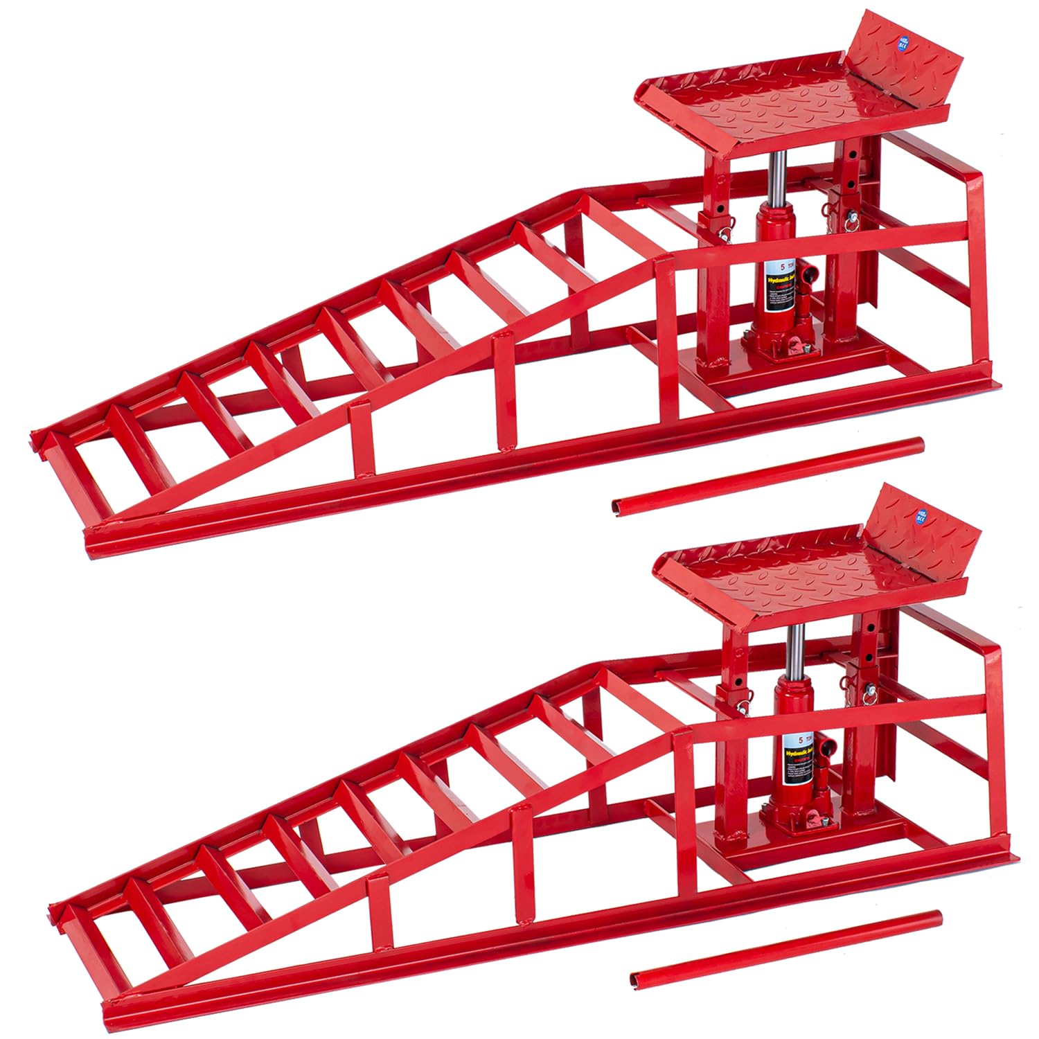 AIM Tools 2 Pack Steel Car Ramps with Hydraulic Jack, 5 Ton Loading Capacity Lifting Platform, Height Adjustable Drive-up Ramp for Workshop Garage Car Repair Maintenance