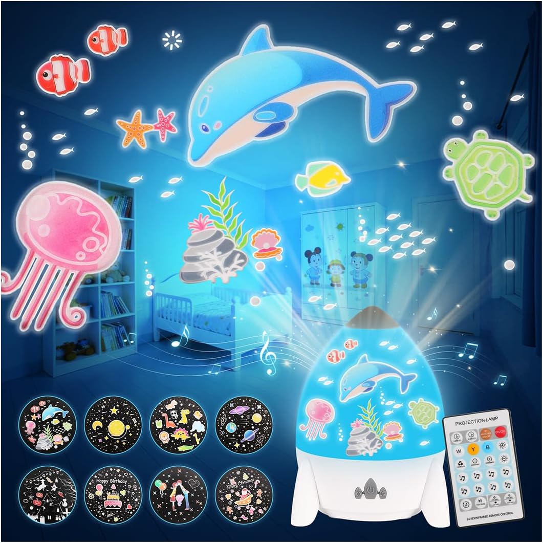 Rocket Projector Night Light for Kids with Bluetooth Speaker, Rechargeable Star & Galaxy Projector, 360 Rotating Space Light with 8 Films, 4 Colors, Timer & Remote Control