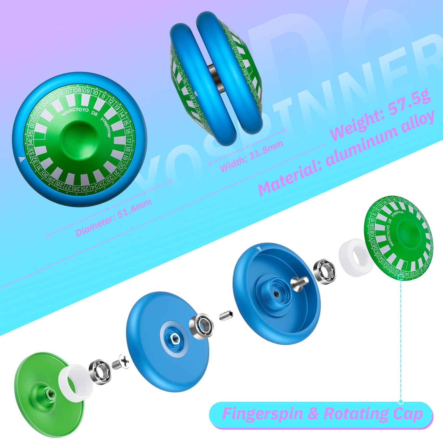 MAGICYOYO D6 Multifunctional Yoyo for Kids, Professional Finger Spin Yoyo with Responsive & Unresponsive Functions, Metal 2A Trick Yo-yo, Kids & Adults Friendly Gift Toy (Blue with Green Cap)