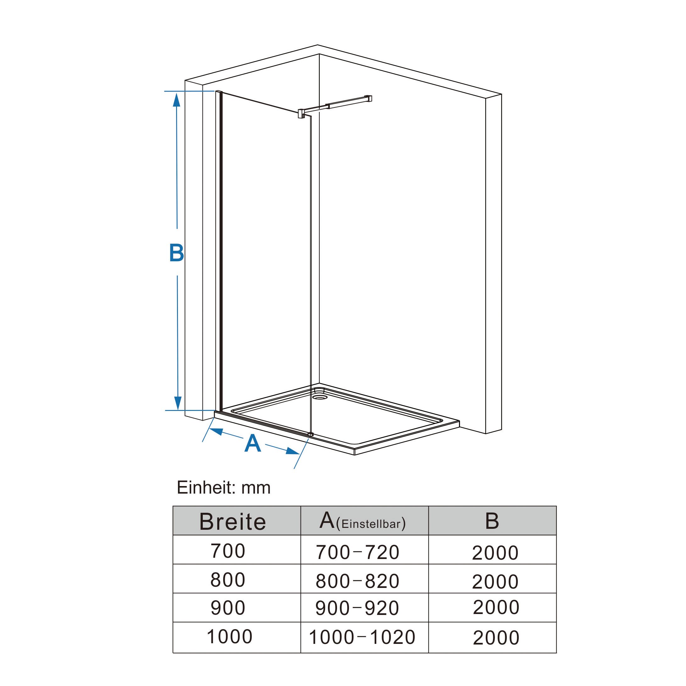 MIQU Duschwand für Dusche 120 x 200 cm Duschscheibe, 10 mm Dickes ESG NANO Klares Glas Duschwand mit 75-125 cm Stabilisator, Walk in Duschabtrennung Duschtrennwand für Bad, WC, Badezimmer