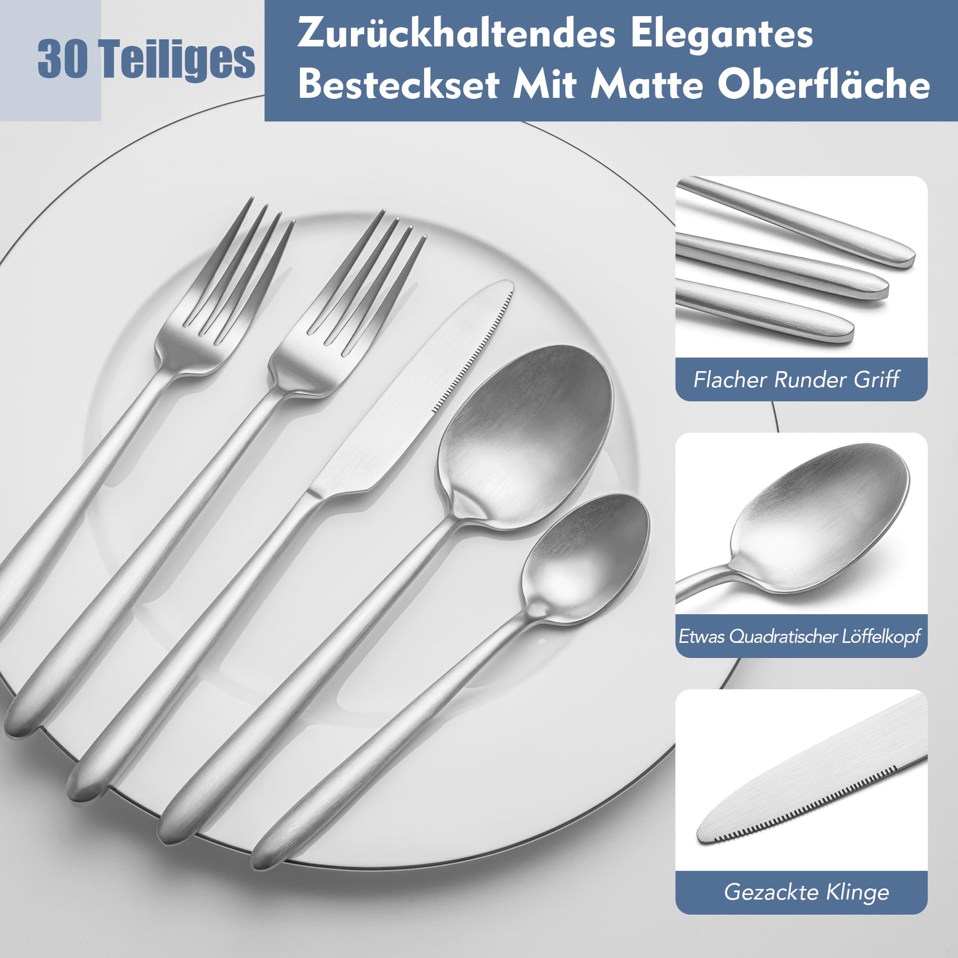 30-teiliges Schweres Besteck Set 6 Personen, EIUBUIE Elegantes Besteck Matt | Runder Griff, Hochwertiges Edelstahl Besteckset, Spülmaschinenfest, Essbesteck Set, matt gebürstet, Messer Gabel Löffel