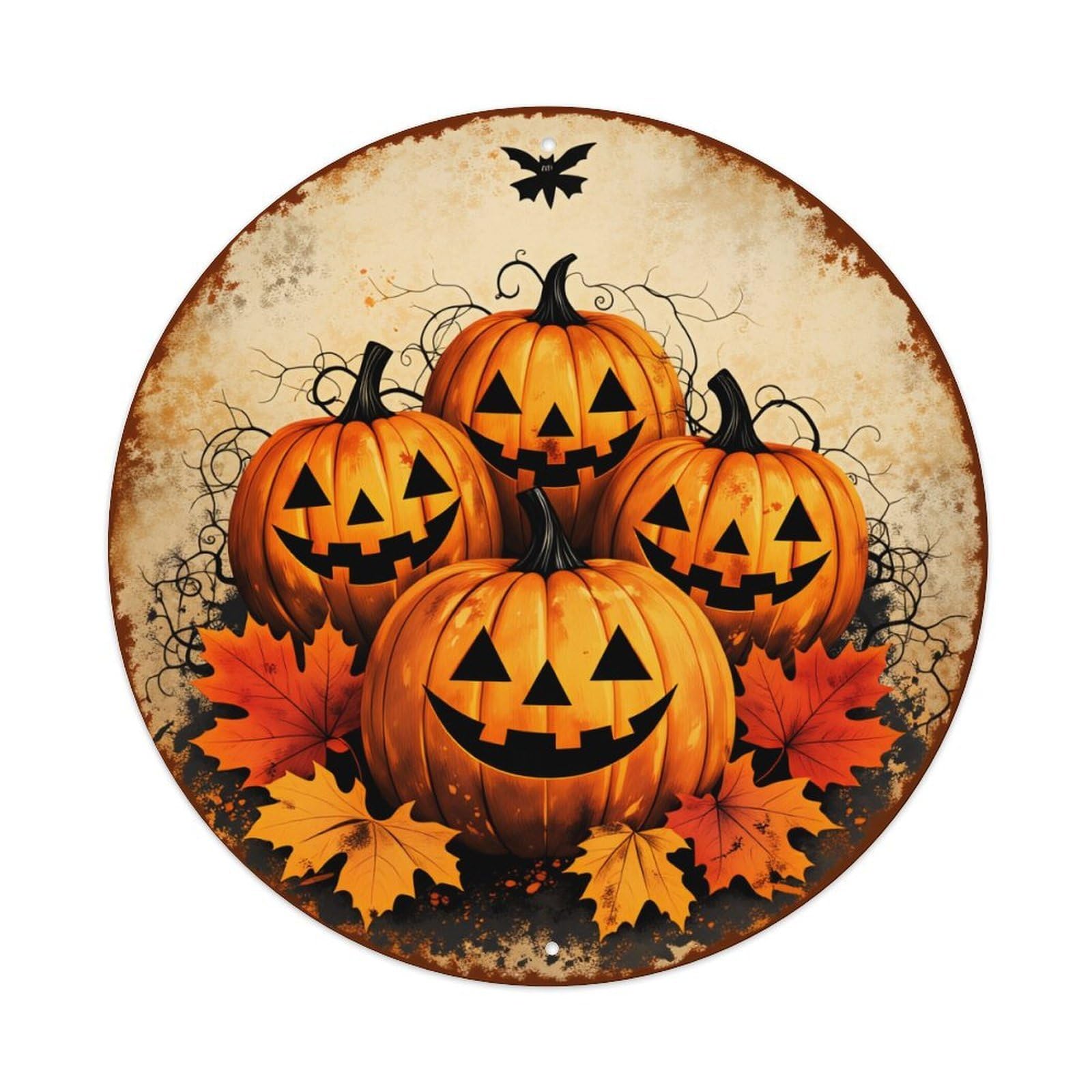 Pumpkin Jack O Lantern Autumn Leaves Bat Round Tin Sign Vintage Style Metal Sign Home Bar Garden Wall Plaque Decor Metal Poster 8x8 Inch