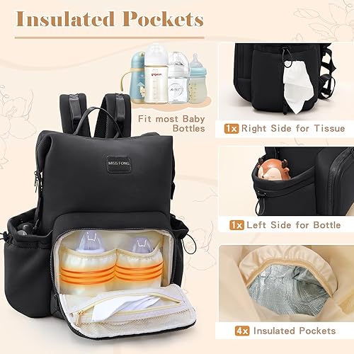 Miniatura 3 de miss fong Mochila para pañales Bolsa de pañales para bebé, bolsa de neopreno, mochila de neopreno de gran capacidad con cambiador de pañales,