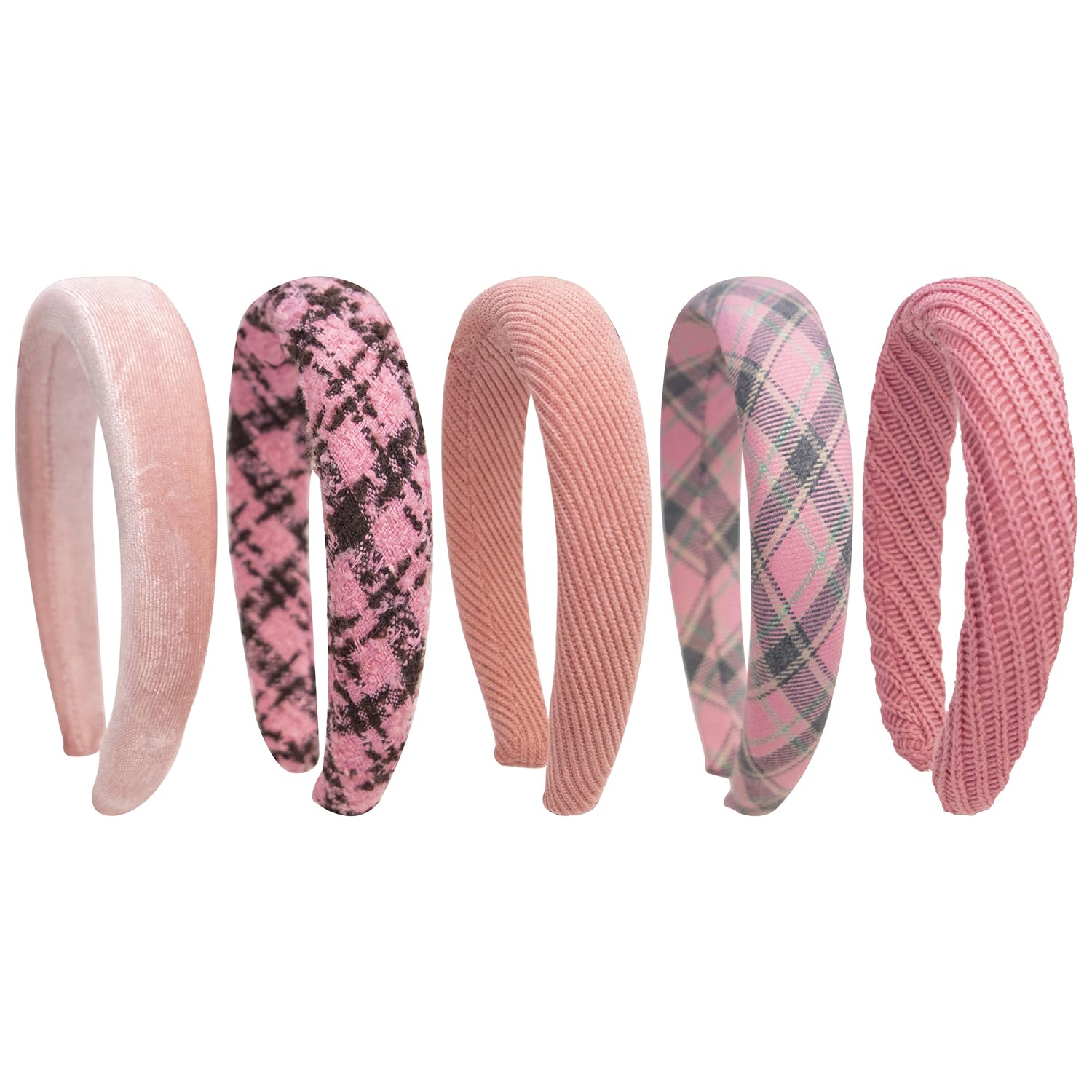 WJYX BOWS 5PCS Pink Headbands for Women Girls Non-slip Hair Bands Hair Accessories Plaid Wide Padded Headband