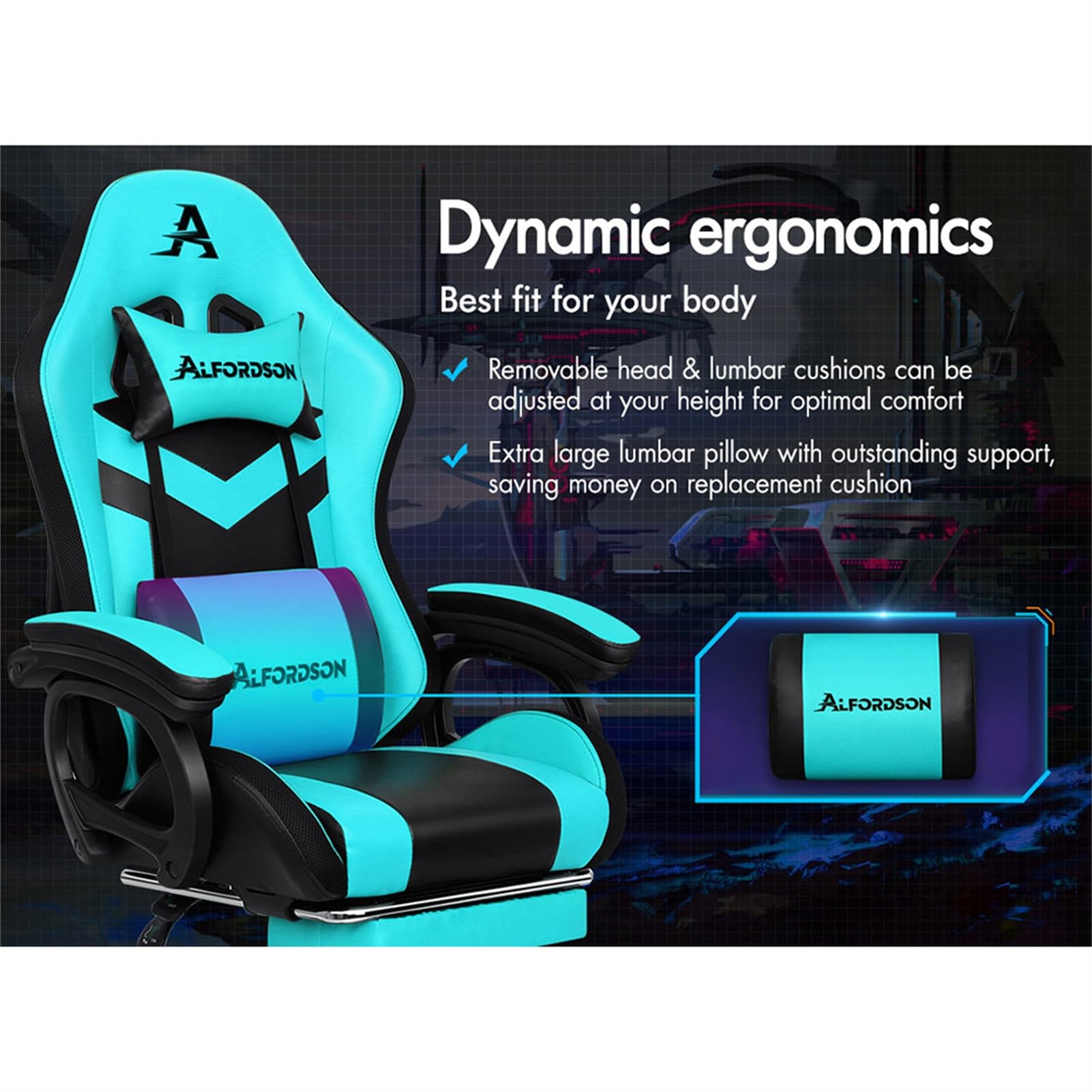 ALFORDSON Sedia da Gaming, Sedia da Gaming a LED con Illuminazione RGB a 12 Colori, Sedia da Gaming Massaggiante con Supporto Lombare, Poggiapiedi, Materiale PU, Ciano
