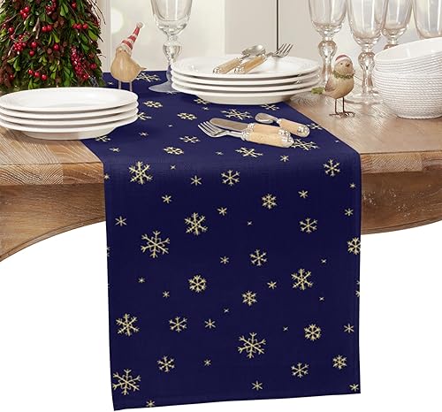 Miniatura 2 de Camino de mesa de Navidad de copo de nieve azul de 90 pulgadas de largo, bufandas de vestido de granja, diseño de copo de nieve de invierno amarillo