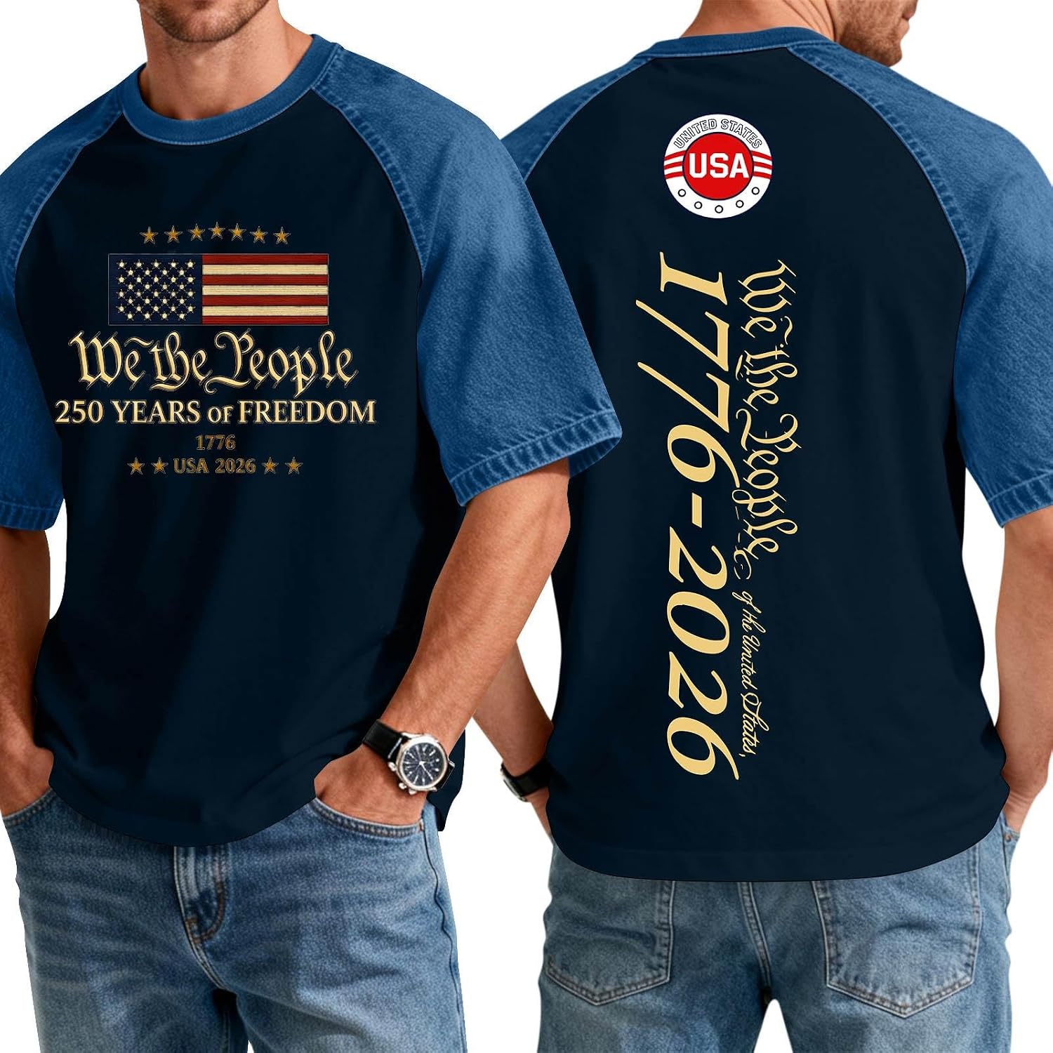 RTRDE Men's T Shirts Short Sleeve 250th Independence Day American Flag Print We The People Tshirt, S-3XL