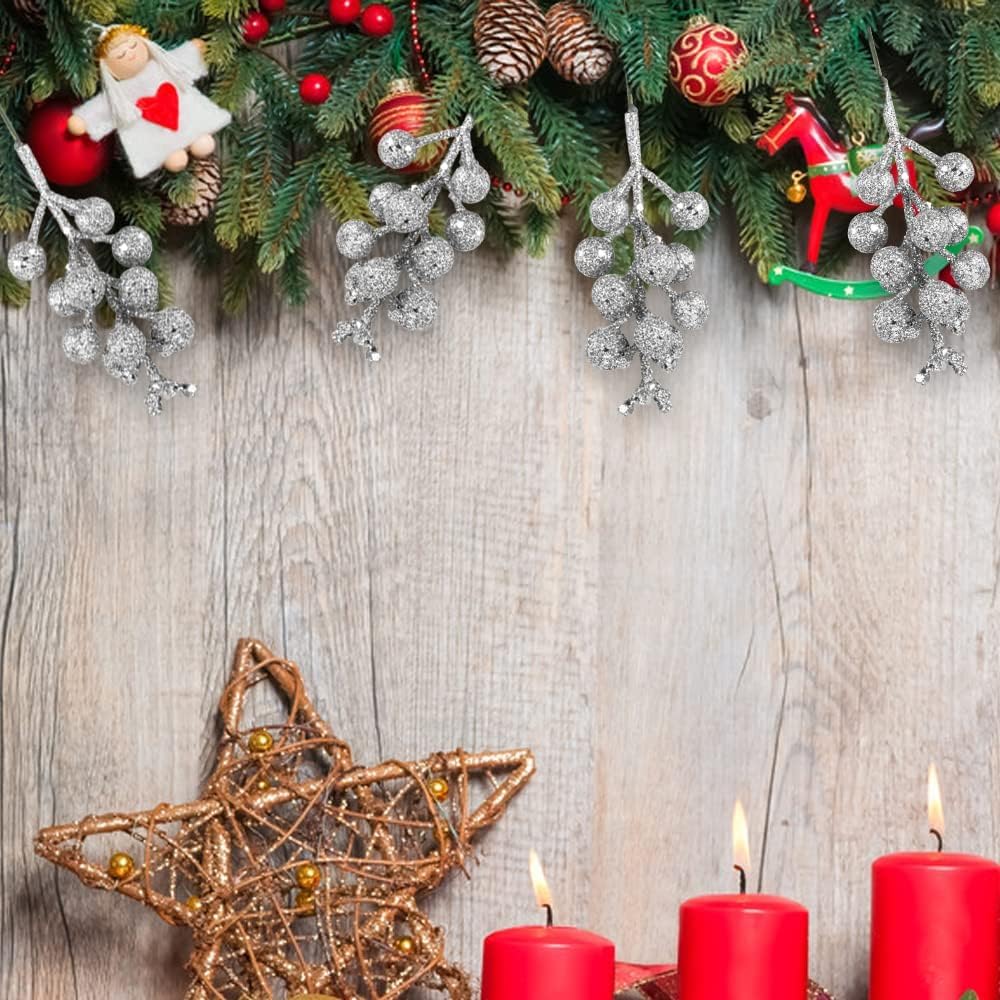 5 Silver Christmas Tree Decorations, Christmas Tree Picks, 8 Inches Christmas Artificial Glitter Berries Stems, Silver Tree Stems for Christmas Tree Topper, Filler, Wreath, Ornaments