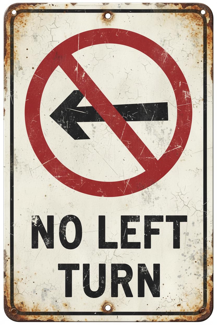 Wall Decor No Left Turn Sign. 8x12Inch Metal. Vintage Signs Aluminum Plates Printed