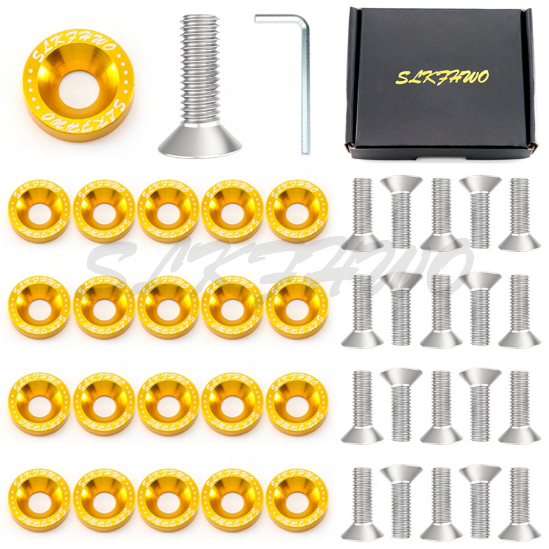 SLKFHWO 6063-T6 Hard Aluminum Alloy Fender Washer 20 Pieces CNC Precision Machining Bumper Engine Compartment JDM Car Accessories Engine Dress up kit(Gold)