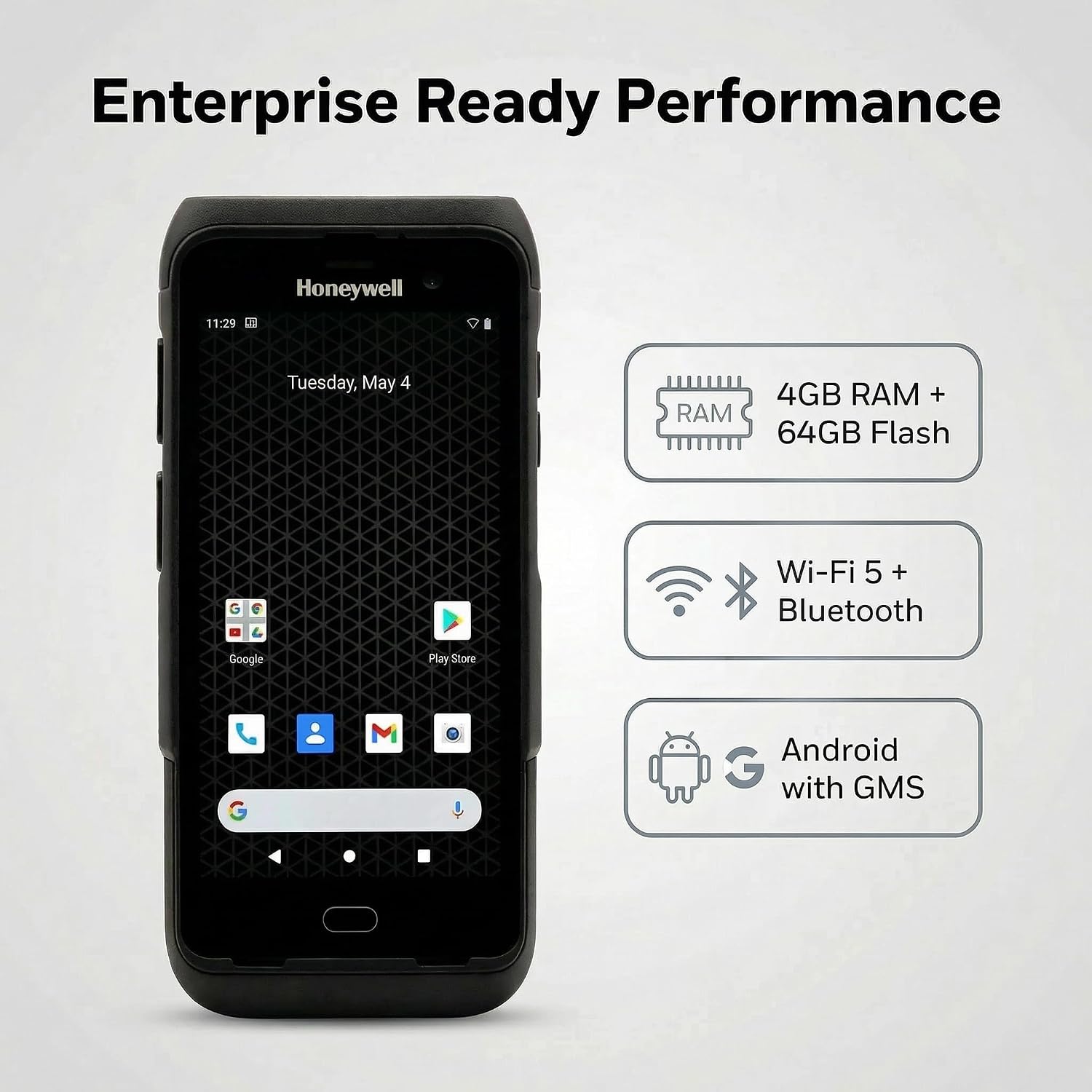 Honeywell CT45-L0N-28D100G Rugged Mobile Computer, Android with GMS 4GB/64GB Handheld Barcode Scanner, 5" HD Touchscreen, FlexRange 1D/2D WiFi Scanner, Bluetooth 5.1, IP68, for Warehouse and Retail