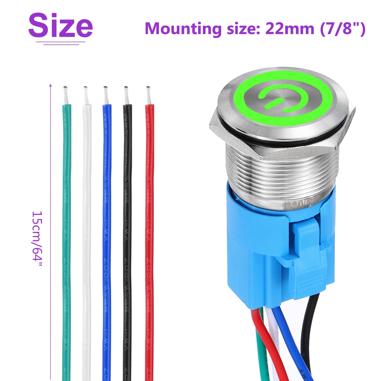 DMiotech 7/8 Inch Stainless Steel Latching Push Button Switch Flat Head 5A 12-24V Silver Shell 5 Pin with Cable Socket Green Switch LED 1NO1NC for Car Boat Systems Custom Setups - Image 4