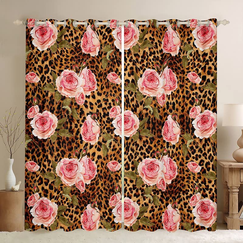 Brown Leopard Print Window Curtains,Cheetah Skin Texture Window Drapes for Kids Teens Boys Girls,Floral Wild Animals Pink Romantic Window Treatments Grommet Top 2 Panel Set Curtains, 52Wx96L inch