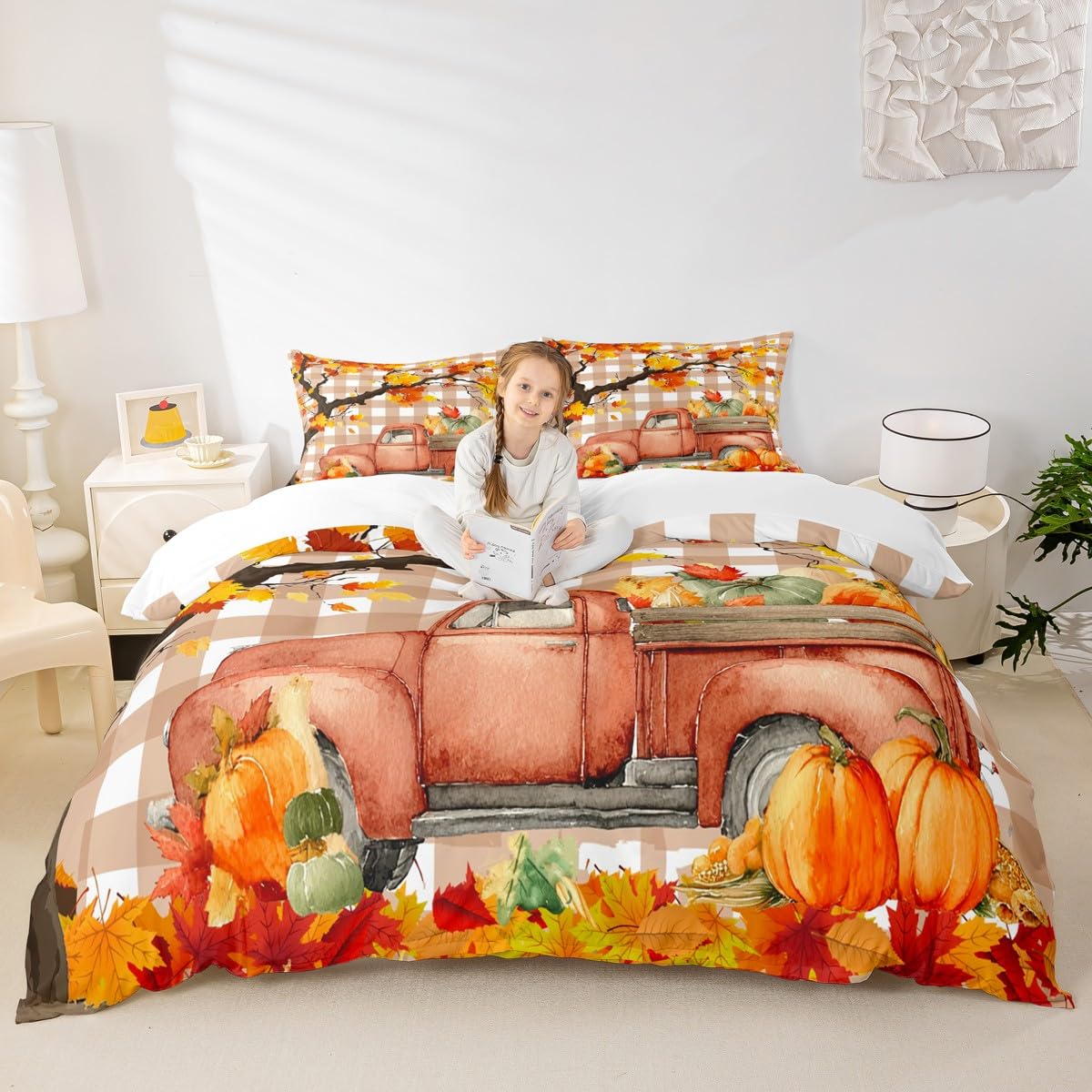 Housse de couette enfants motif citrouille d'automne et feuille d'érable avec 2 taies
