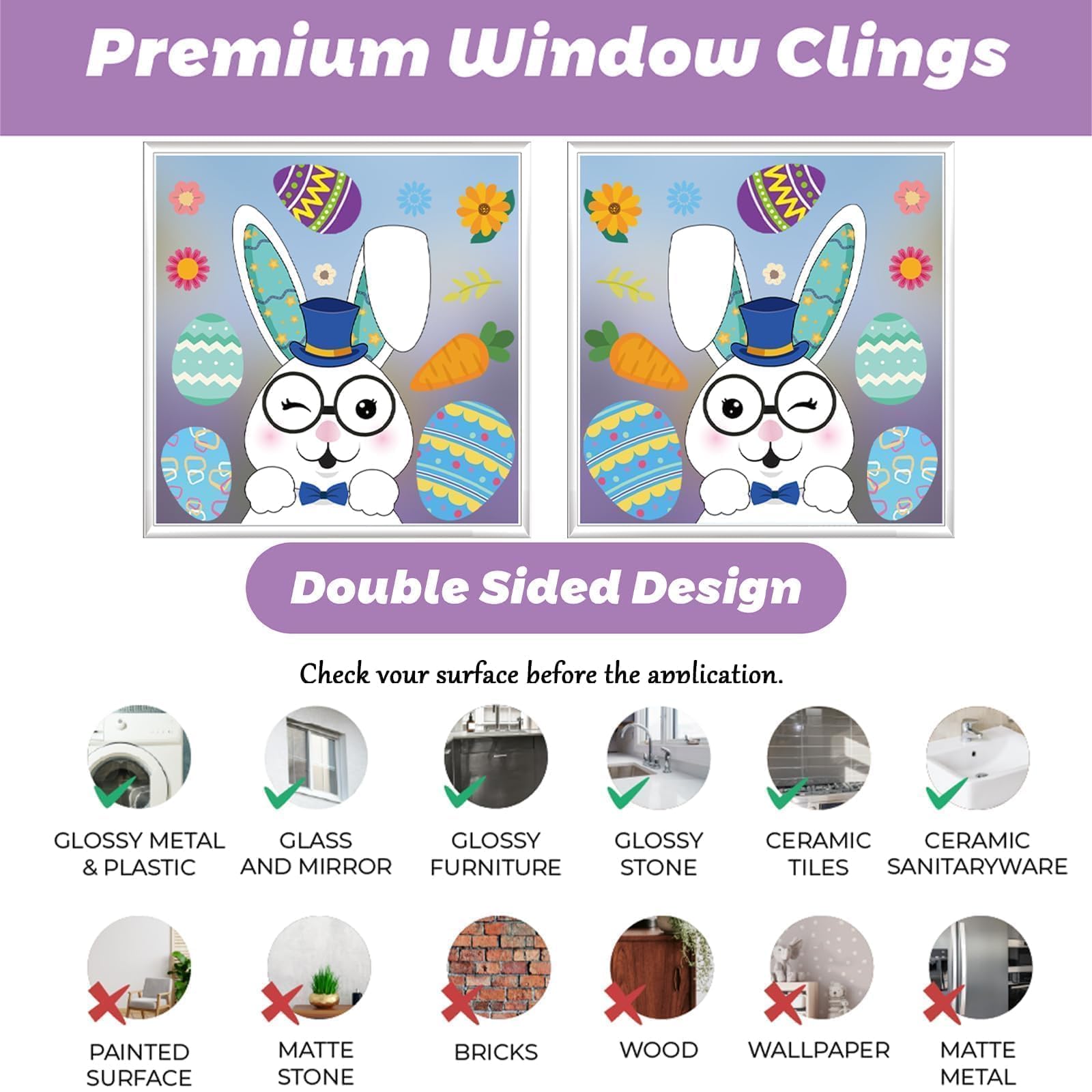 Tsathoggua 9 Sheets Easter Window Stickers, Easter Bunny Window Stickers, Happy Easter Stickers with Rabbit, Eggs, Carrot - Image 4