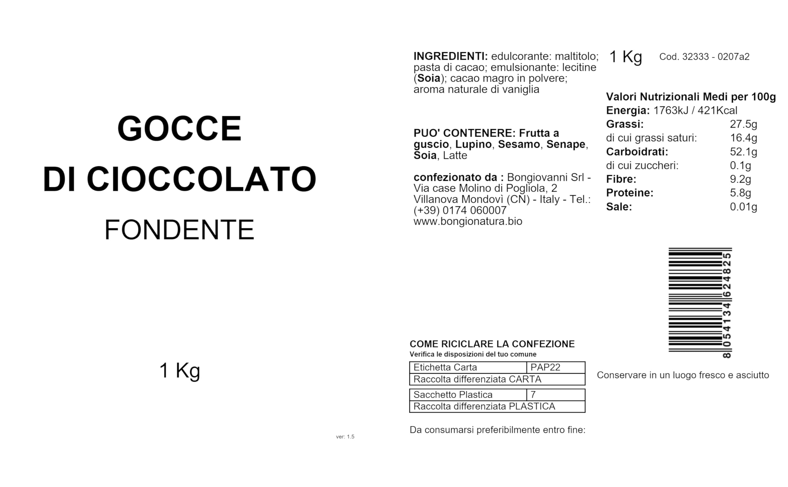 Bongiovanni Bontà Naturali Pépites de Chocolat Noir Sans Gluten 1 kg