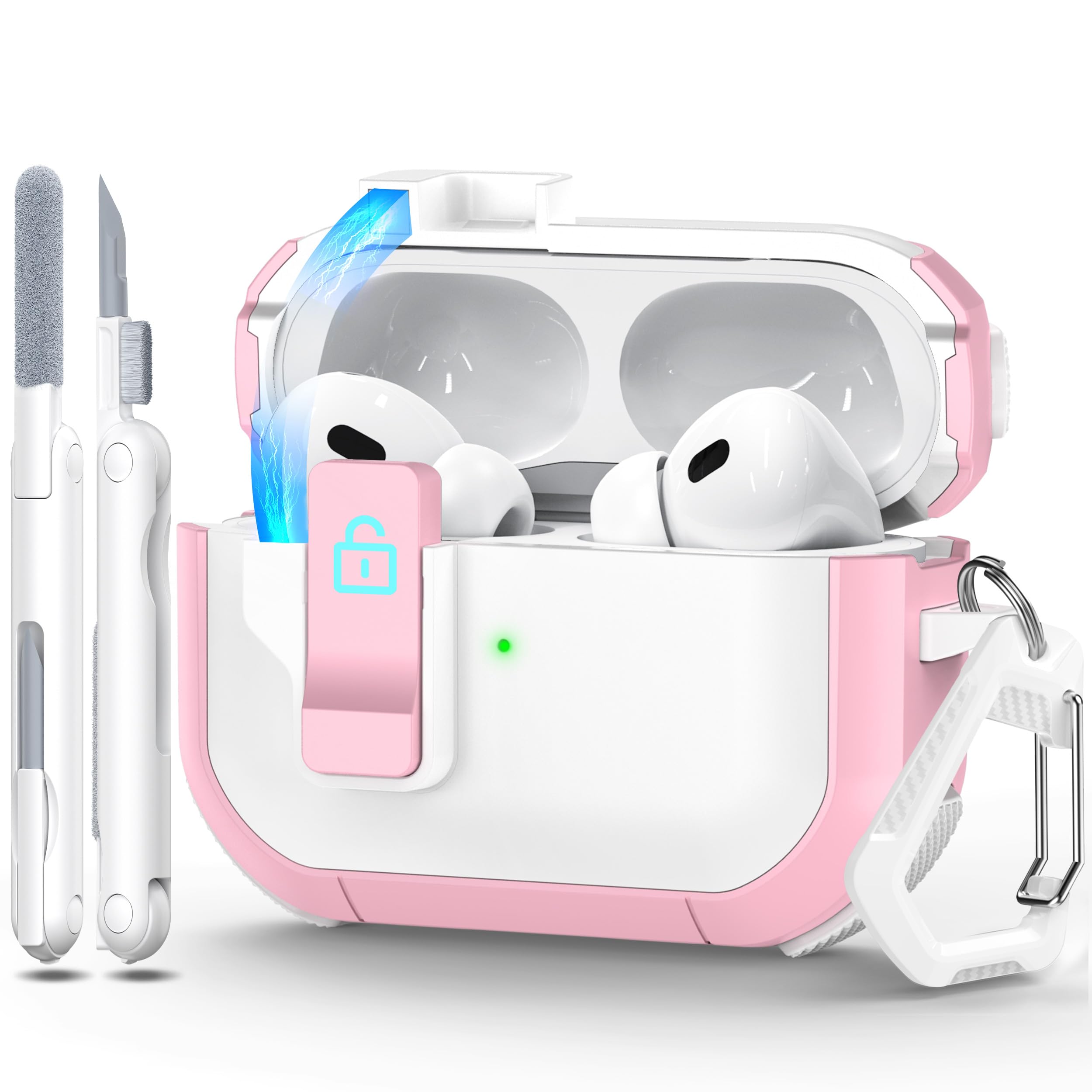 RFUNGUANGO AirPods Pro Case Cover with Secure Lock Clip, Automatic Pop-up, Full-Body Shockproof Hard Protective Cover for AirPods Pro (2023/2022/2019) E-White+Pink