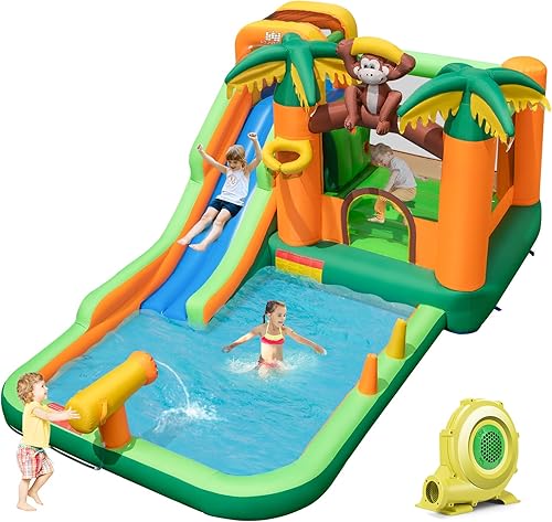 BOUNTECH Tobogán acuático inflable, castillo de salto de parque acuático para niños con tobogán largo, piscina de salpicaduras, toboganes acuáticos
