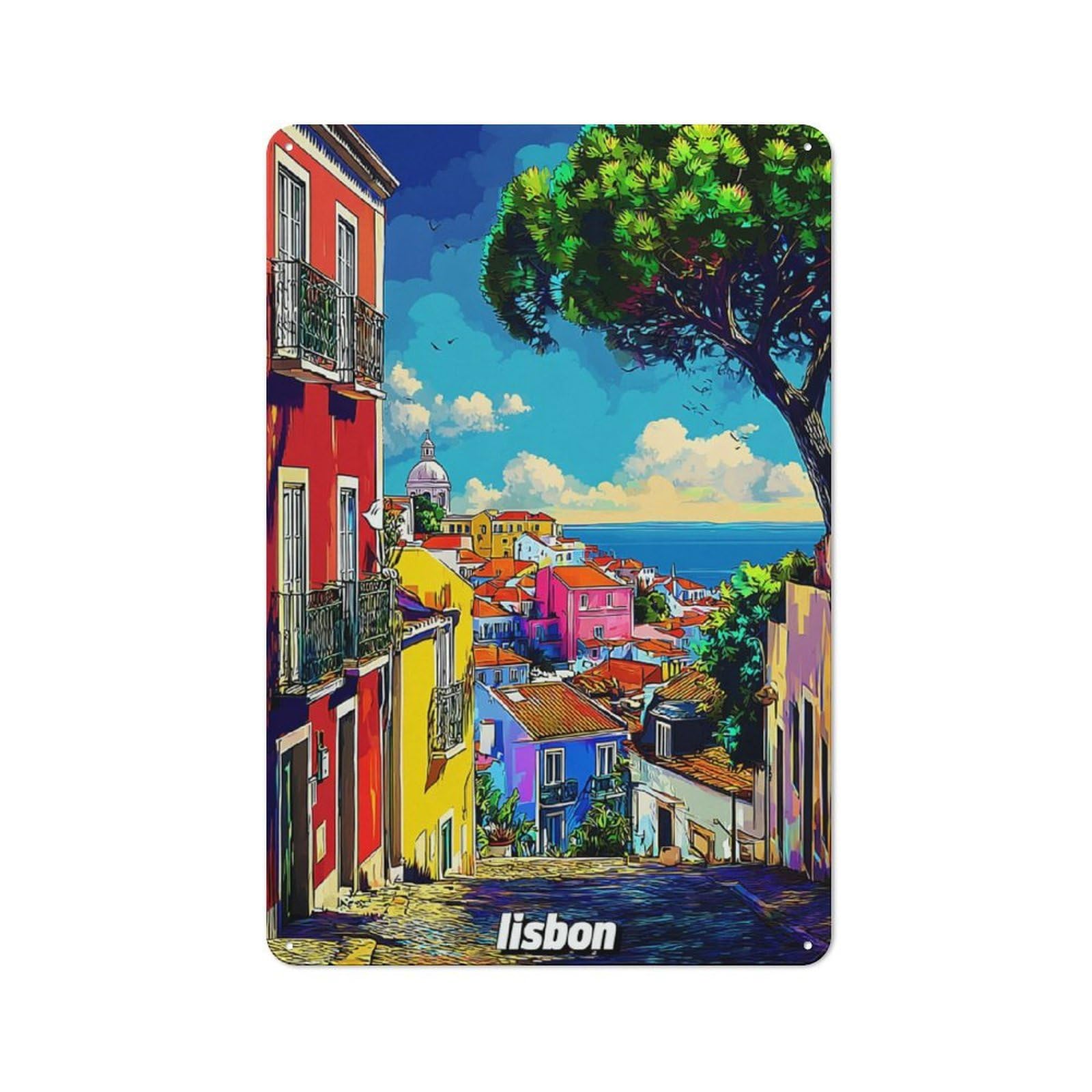 Junmoney Colorful Lisbon Street Scene Rustic Metal Sign 30X20cm For Café Or Restaurant, Suited To Café Owners And Decorators
