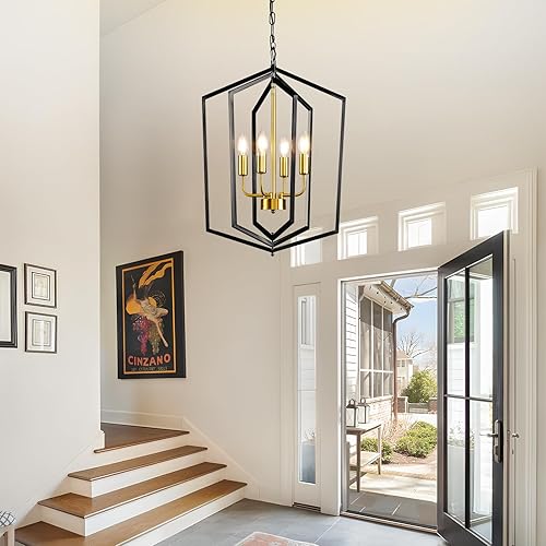 Miniatura 2 de WJShome Lámpara colgante de farol, 4 luces doradas de granja, moderna lámpara colgante de techo para dormitorio, cocina, isla, vestíbulo, pasillo,