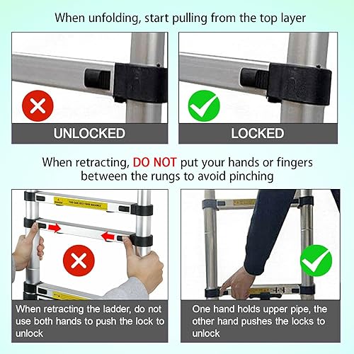 Miniatura 109 de Escalera telescópica de aluminio de 12.5 pies, escalera extensible con 2 ganchos desmontables, diseño de bloqueo de seguridad portátil y ligero