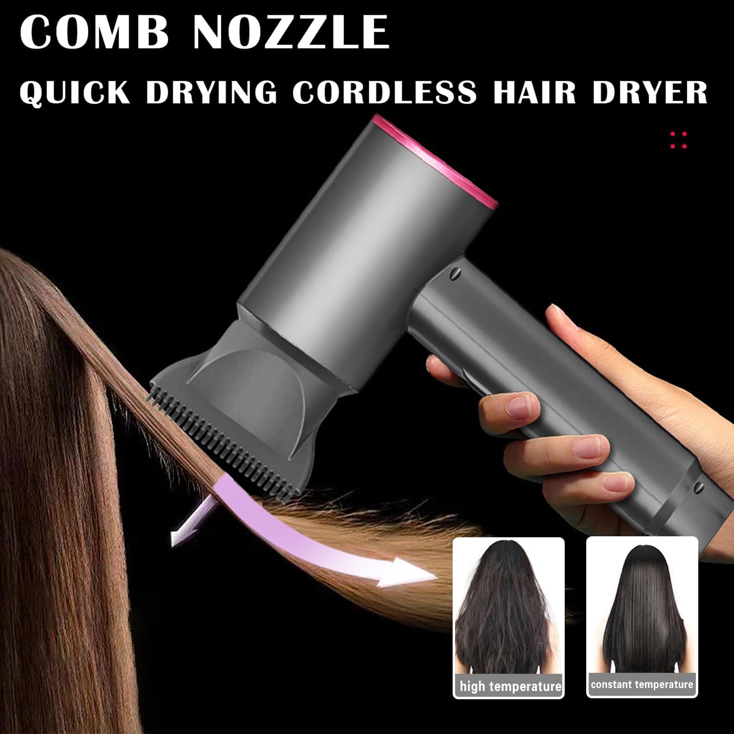 Freestanding Cordless Hair Drye with Charging Stand, Low Noise Home Blow Dryer, w/15000mAh Built-in Battery, Removable Air Vent, Gray
